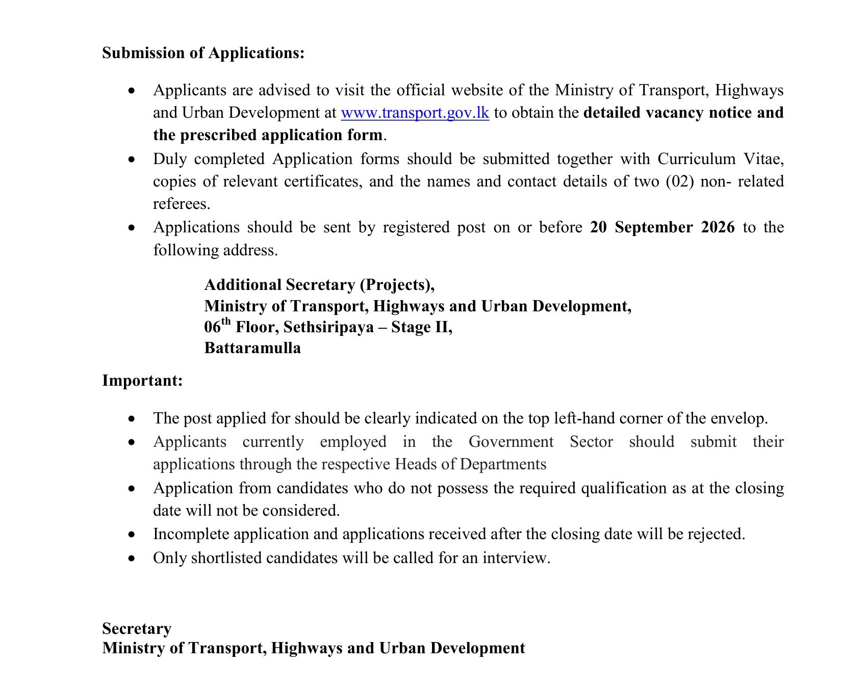 Additional Project Director - Ministry of Transport, Highways & Urban Development
