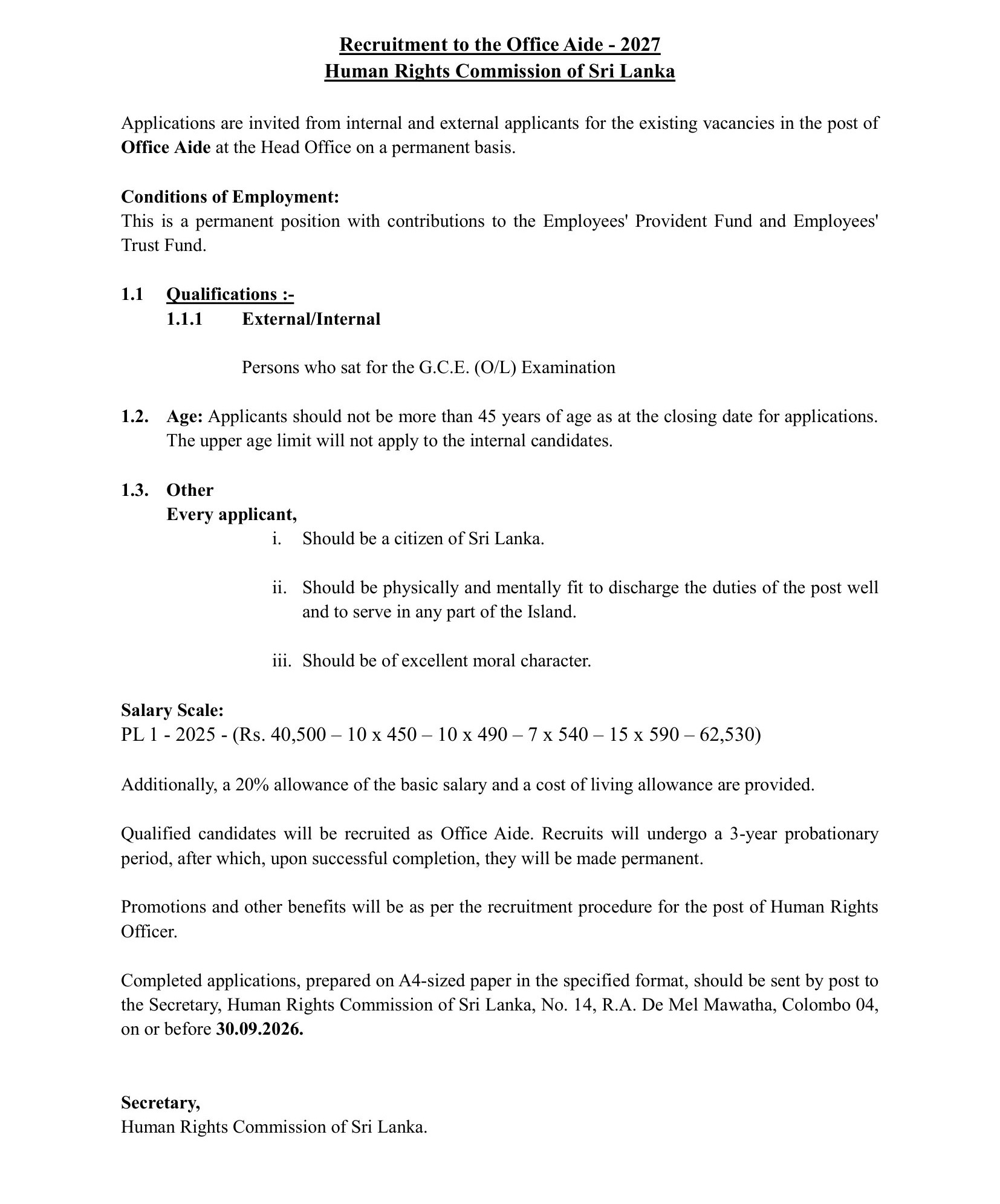 Office Aide - Human Rights Commission of Sri Lanka