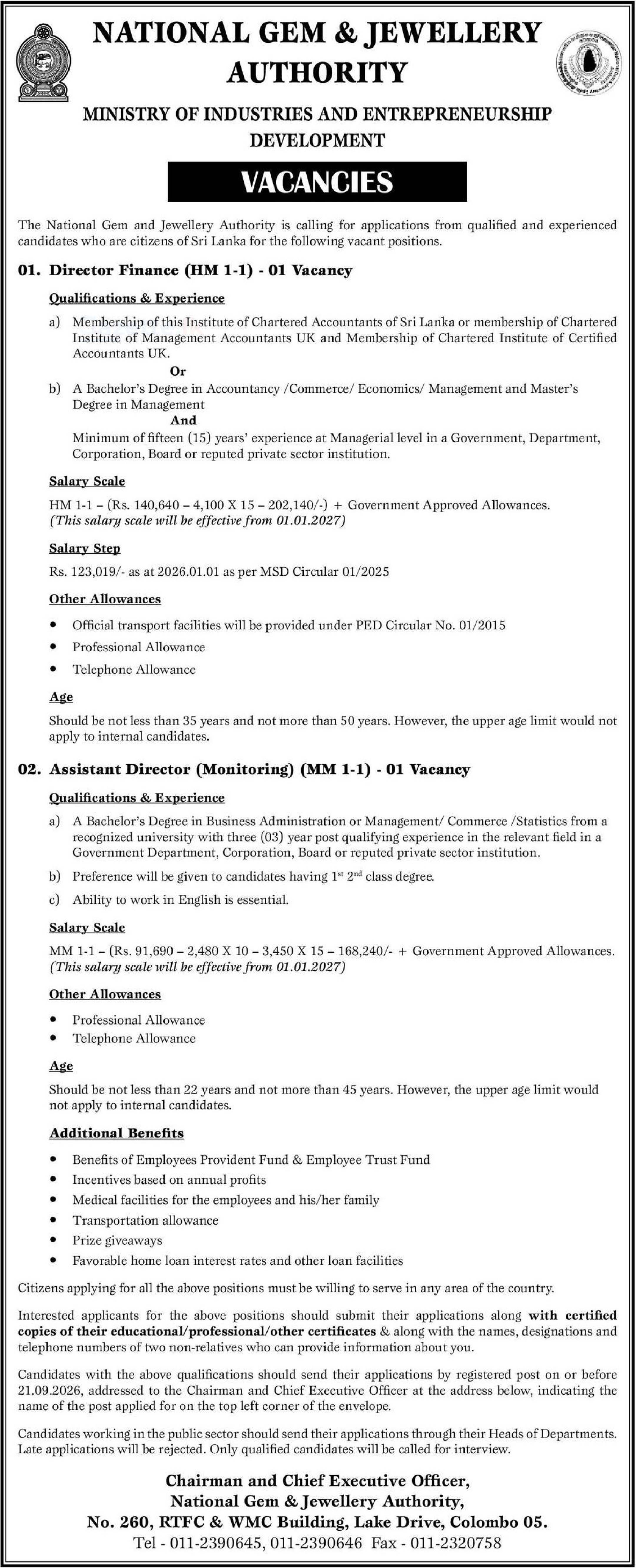 Director (Finance), Assistant Director (Monitoring) - National Gem & Jewellery Authority
