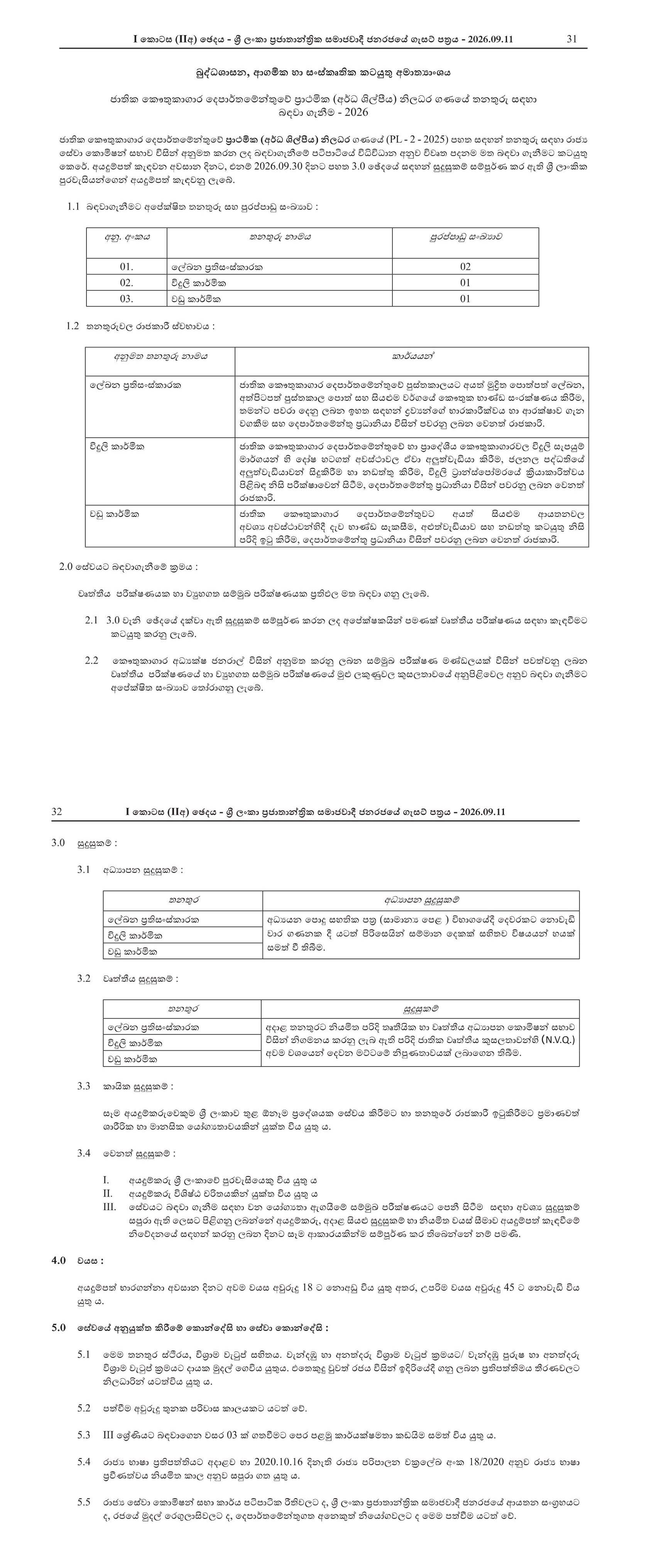 Document Restorer, Electrician, Carpenter - Department of National Museums