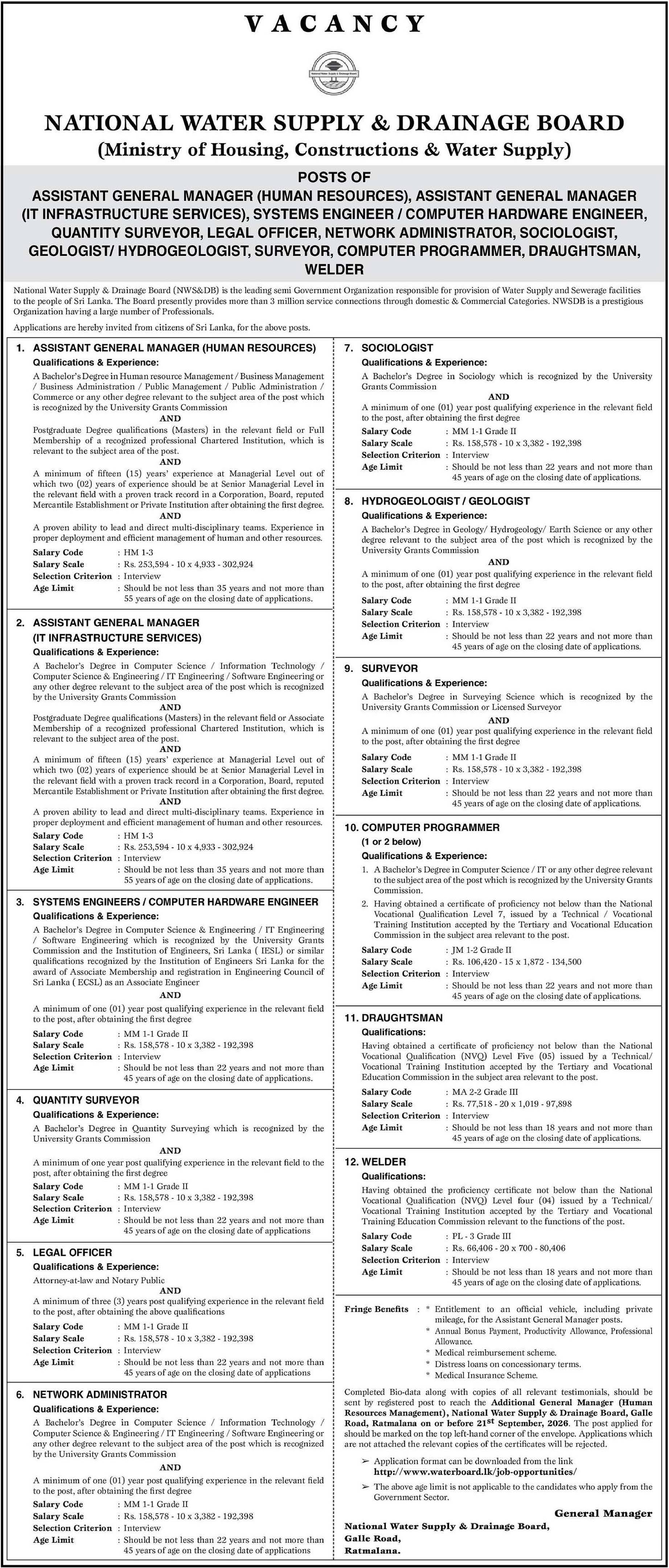 System Engineer/Computer Hardware Engineer, Quantity Surveyor, Legal Officer, Network Administrator, Sociologist, Surveyor, Computer Programmer, Draughtsman, Welder & more Vacancies - National Water Supply & Drainage Board