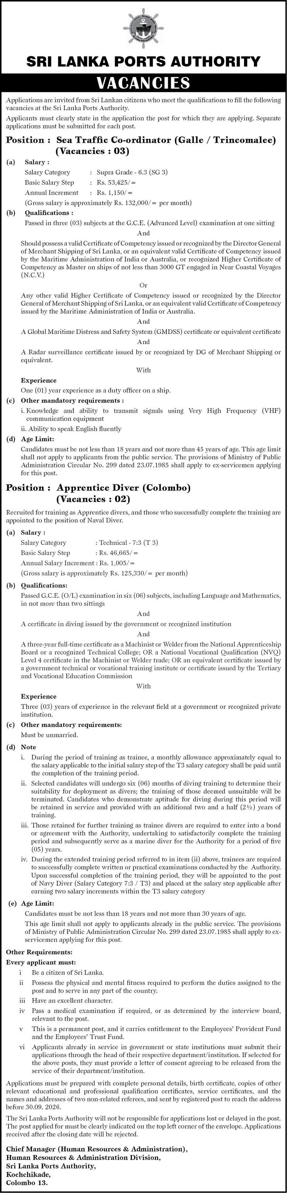 Sea Traffic Coordinator, Apprentice Diver - Sri Lanka Ports Authority