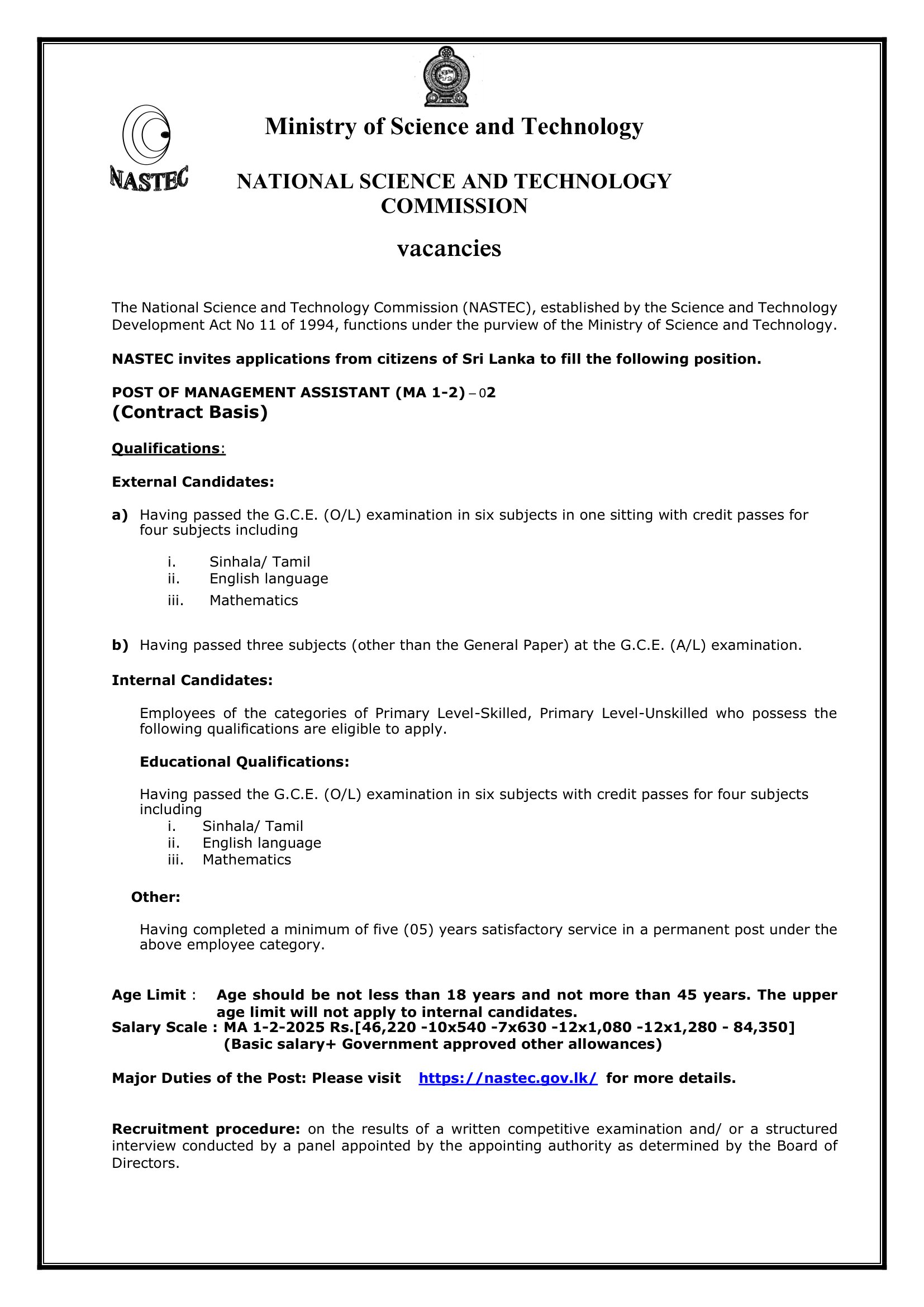 Management Assistant - National Science & Technology Commission
