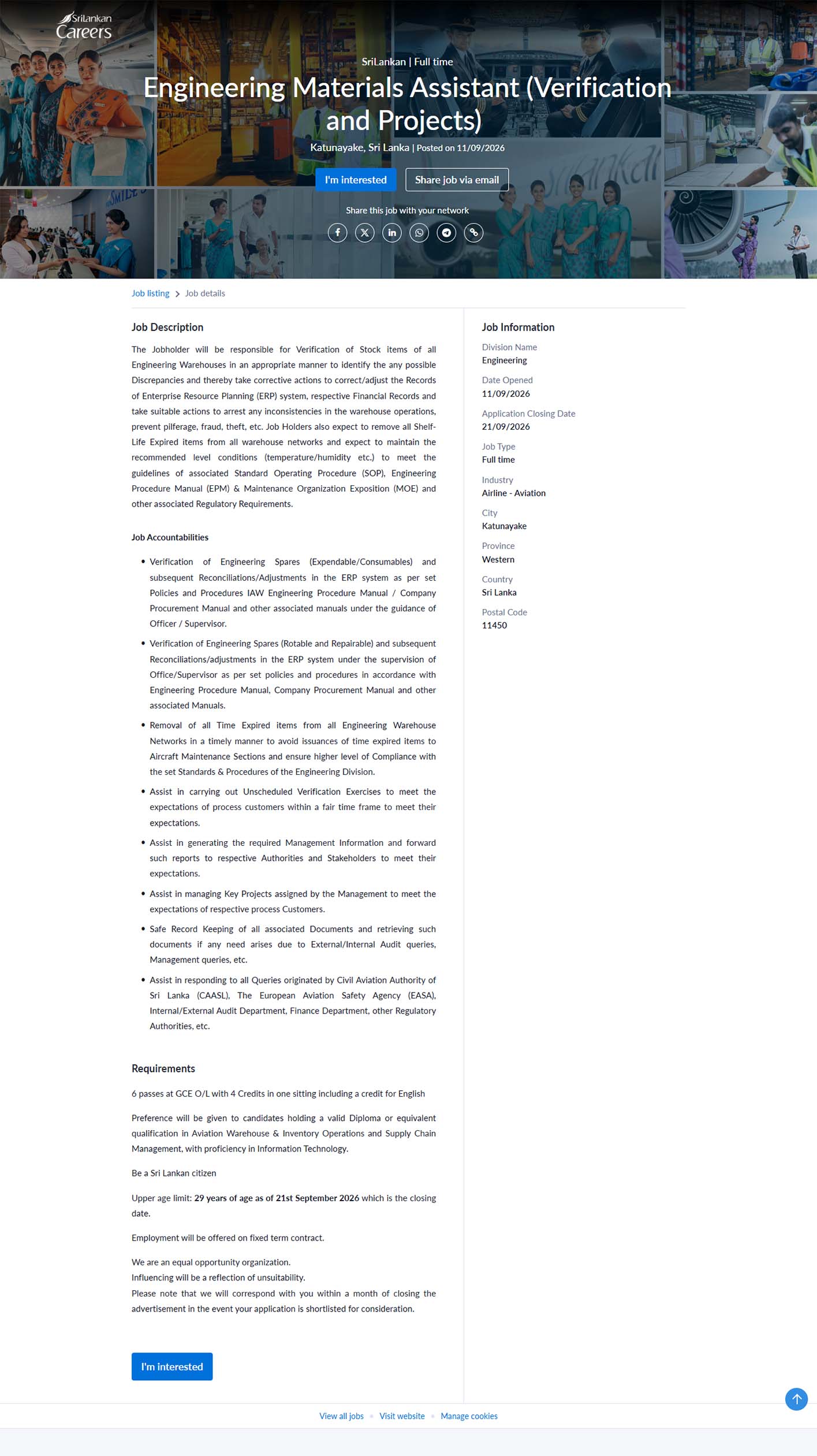 Engineering Materials Assistant (Verification & Projects) - SriLankan Airlines Limited