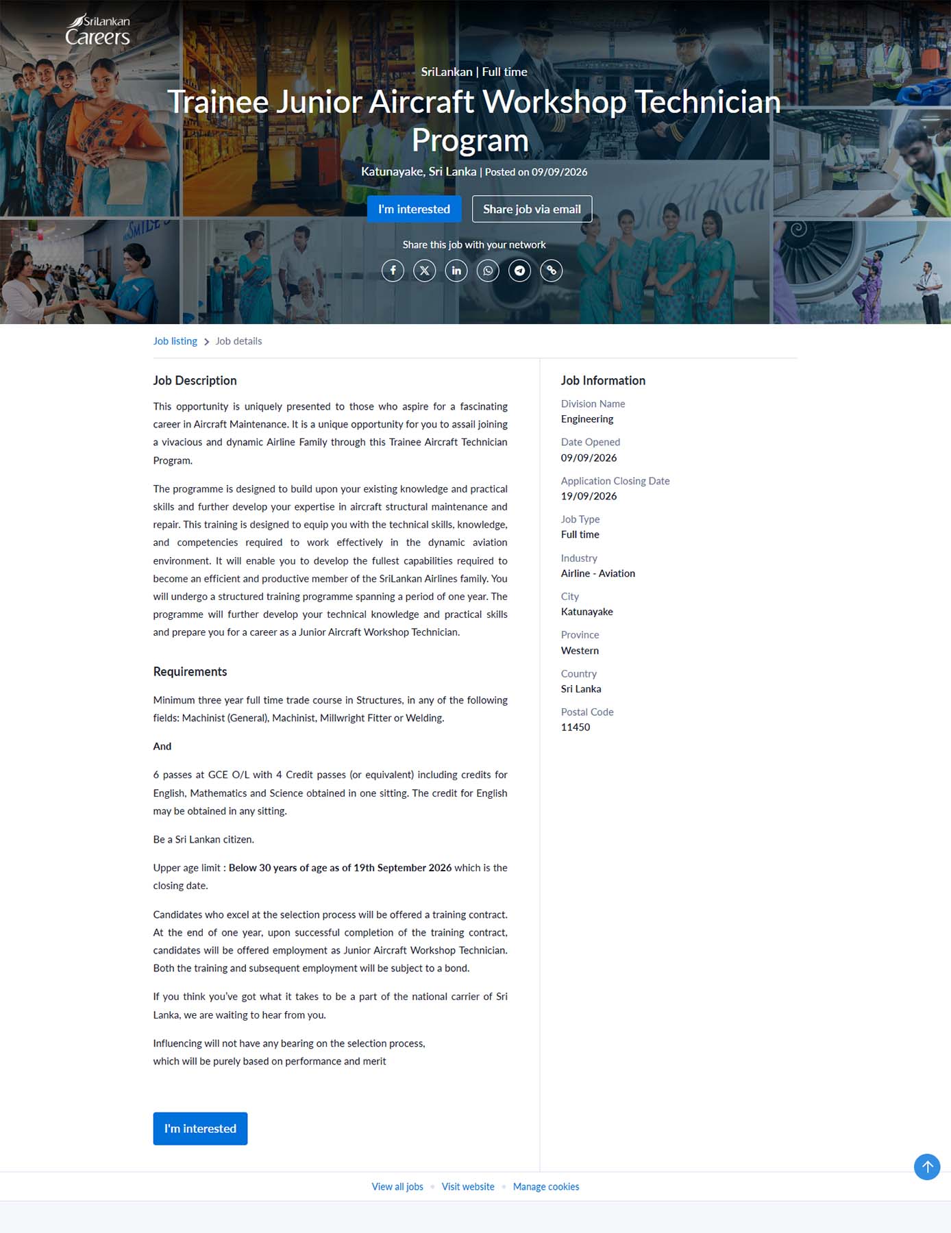 Trainee Junior Aircraft Workshop Technician Program - SriLankan Airlines Limited