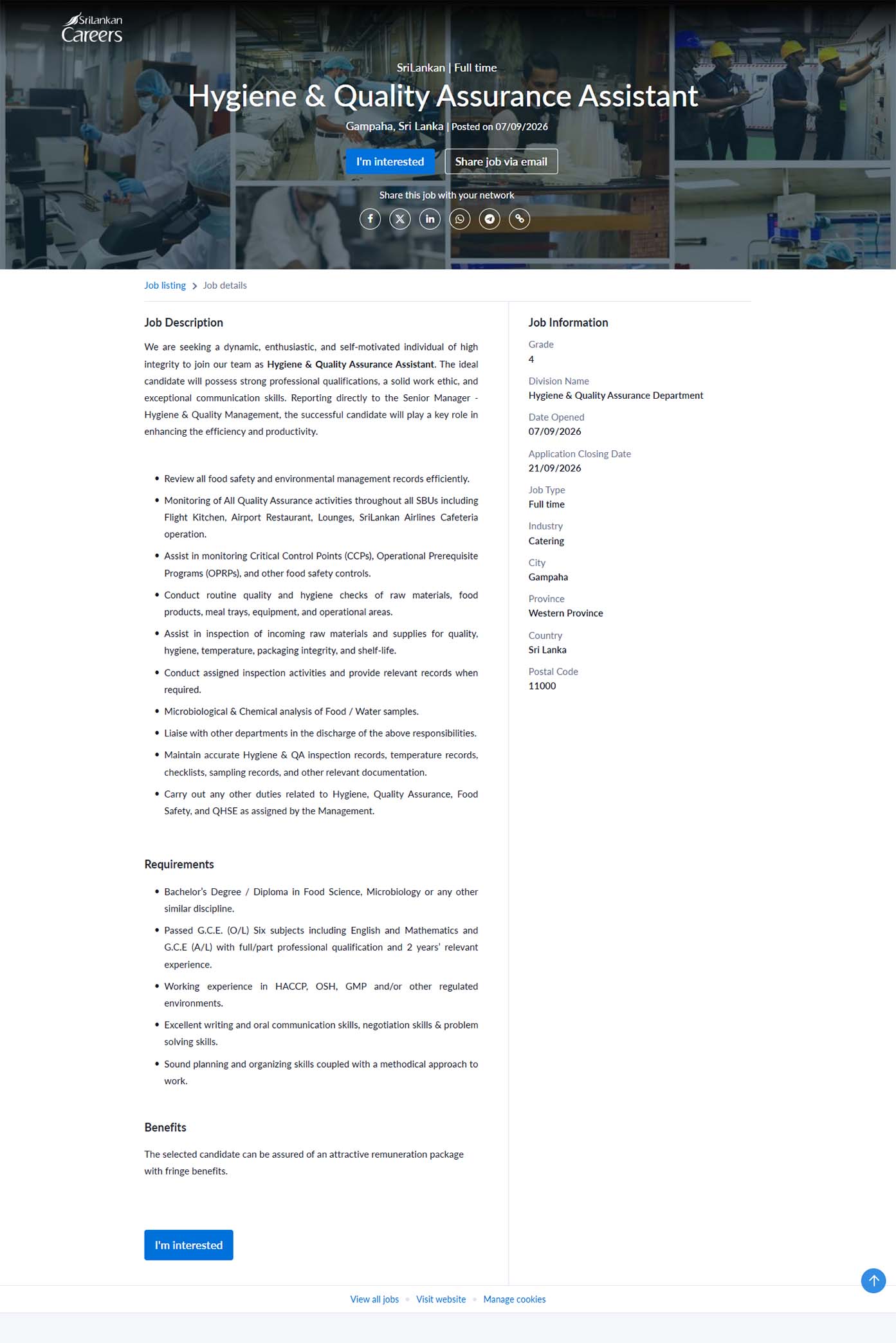 Hygiene & Quality Assurance Assistant - SriLankan Catering