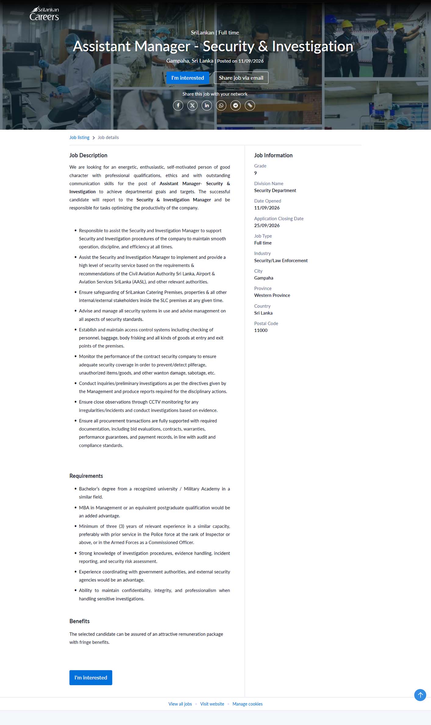 Assistant Manager (Security & Investigation) - SriLankan Catering