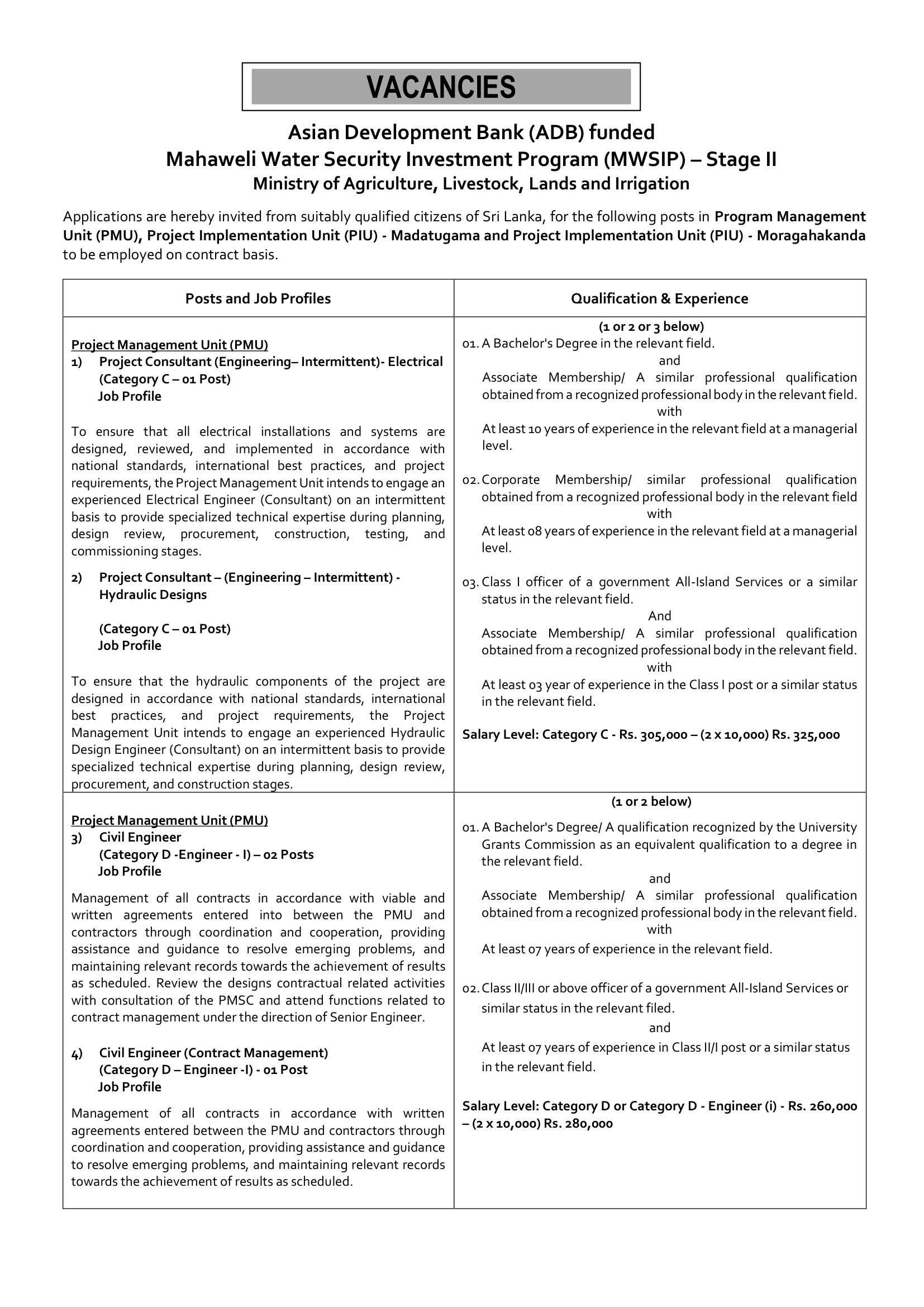 Project Consultant, Civil Engineer, Earth Resources Engineer, Technical Officer (Mechanical, Civil) - Ministry of Agriculture, Livestock, Lands & Irrigation