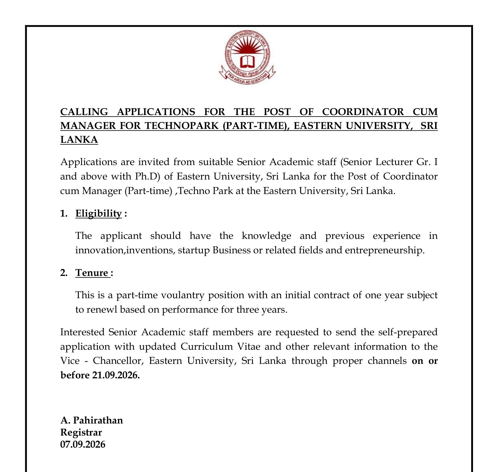 Coordinator/Manager - Eastern University, Sri Lanka