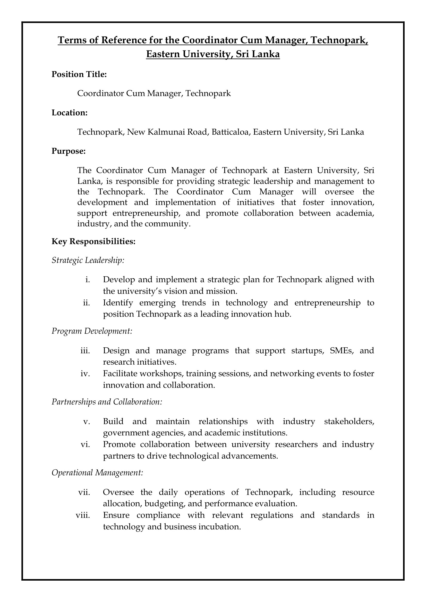 Coordinator/Manager - Eastern University, Sri Lanka