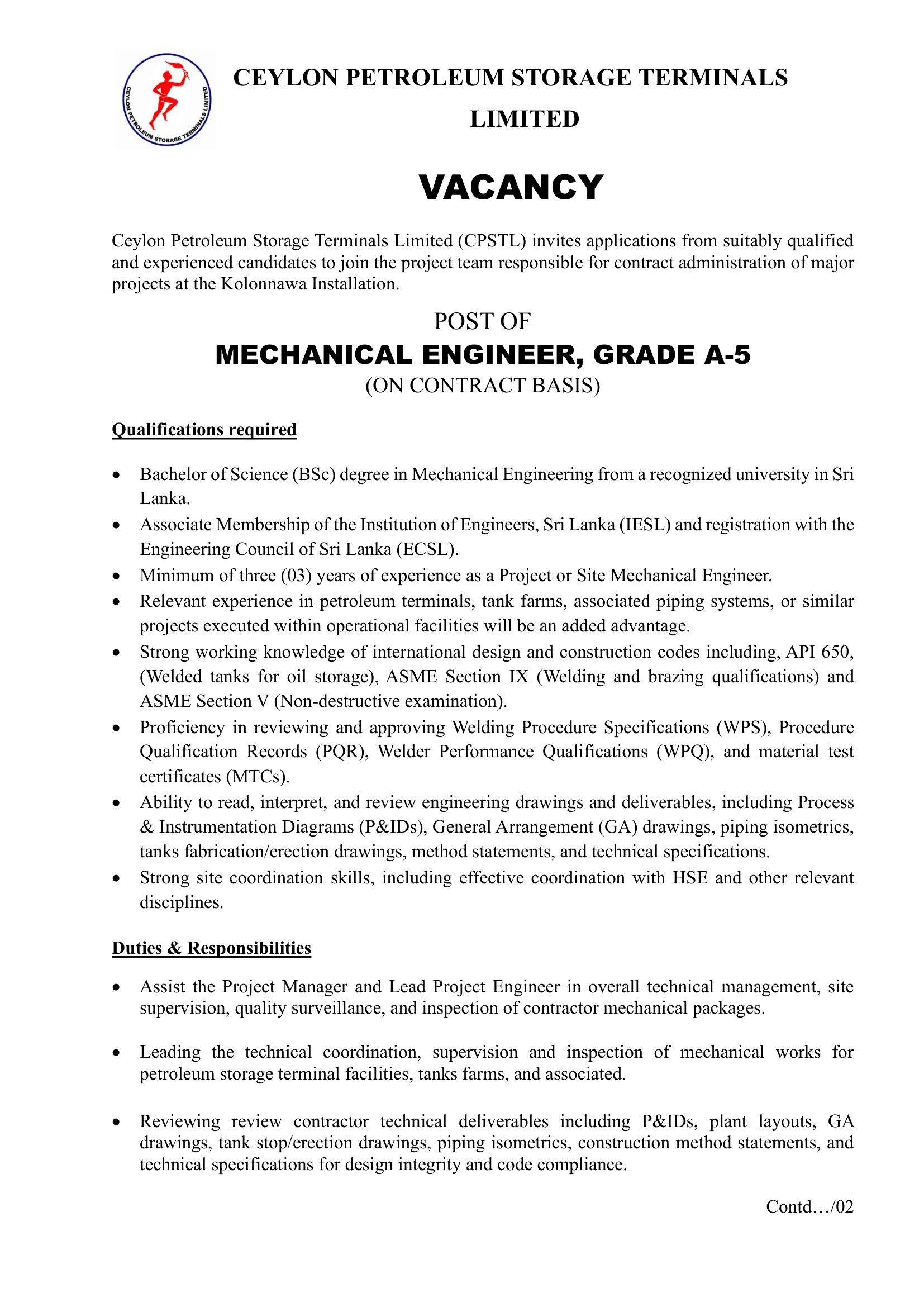 Mechanical Engineer - Ceylon Petroleum Storage Terminals Limited