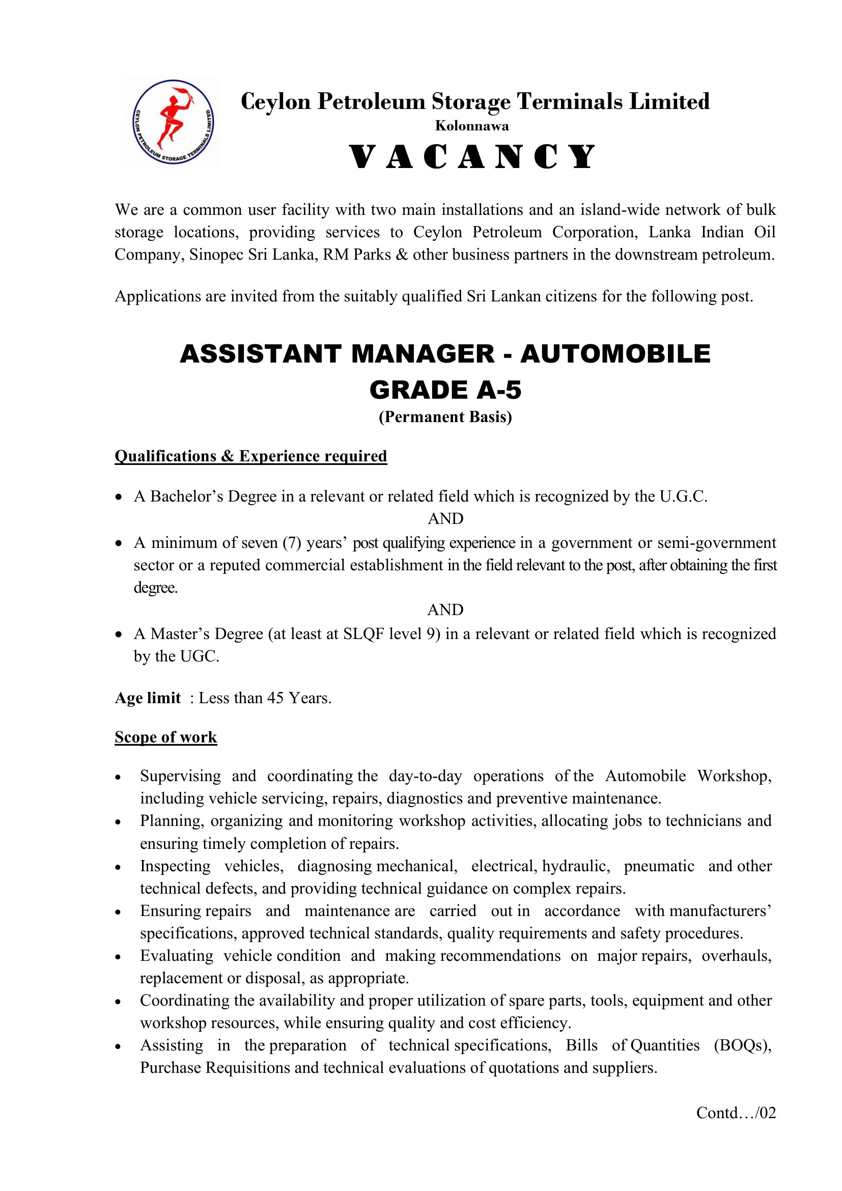 Assistant Manager - Ceylon Petroleum Storage Terminals Limited