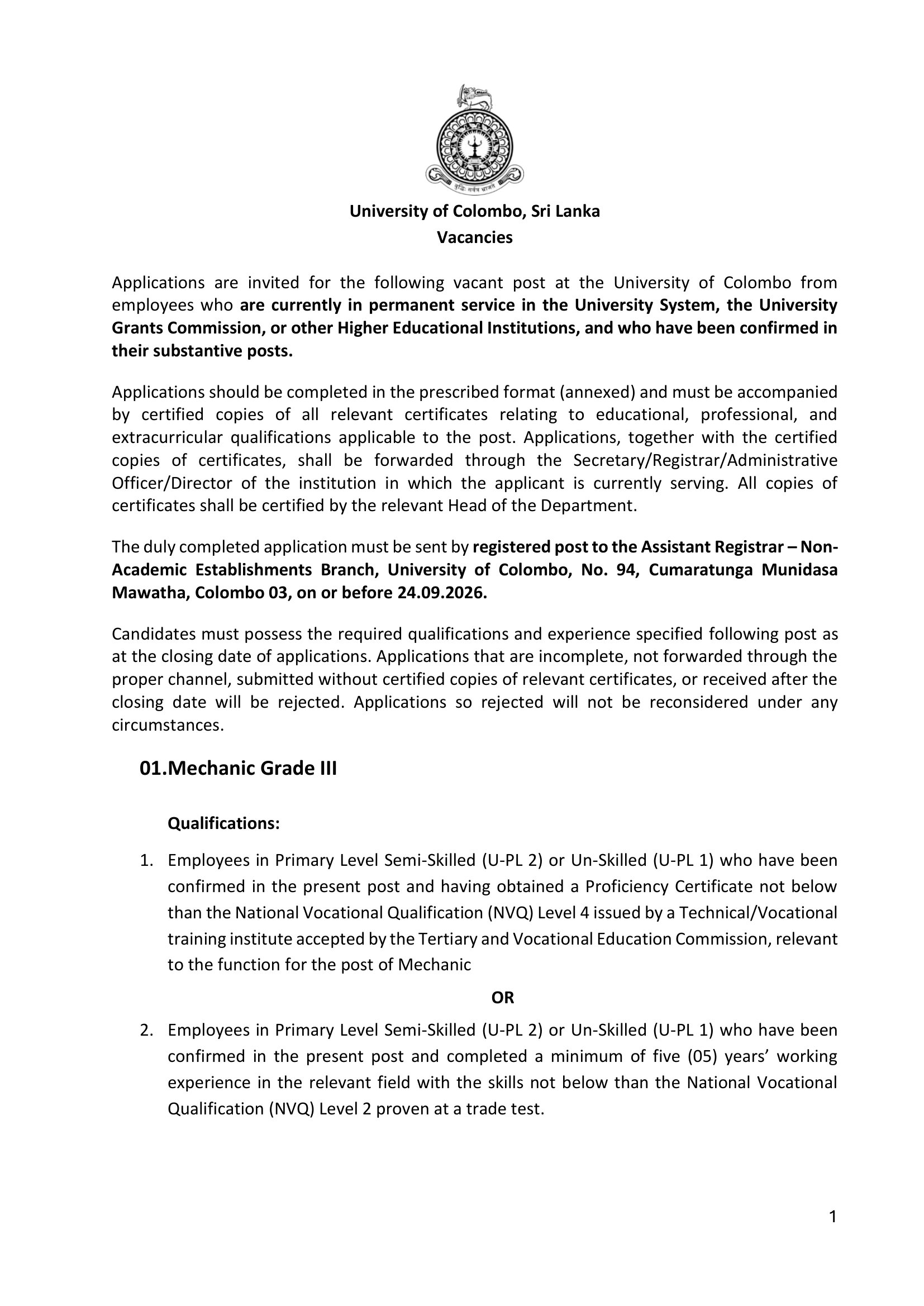 Mechanic - University of Colombo