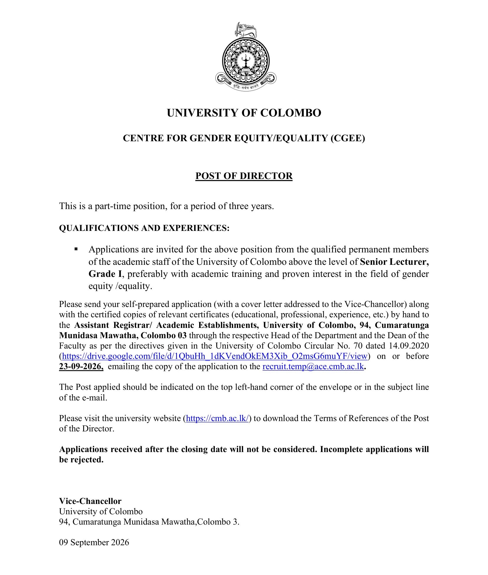 Director - University of Colombo