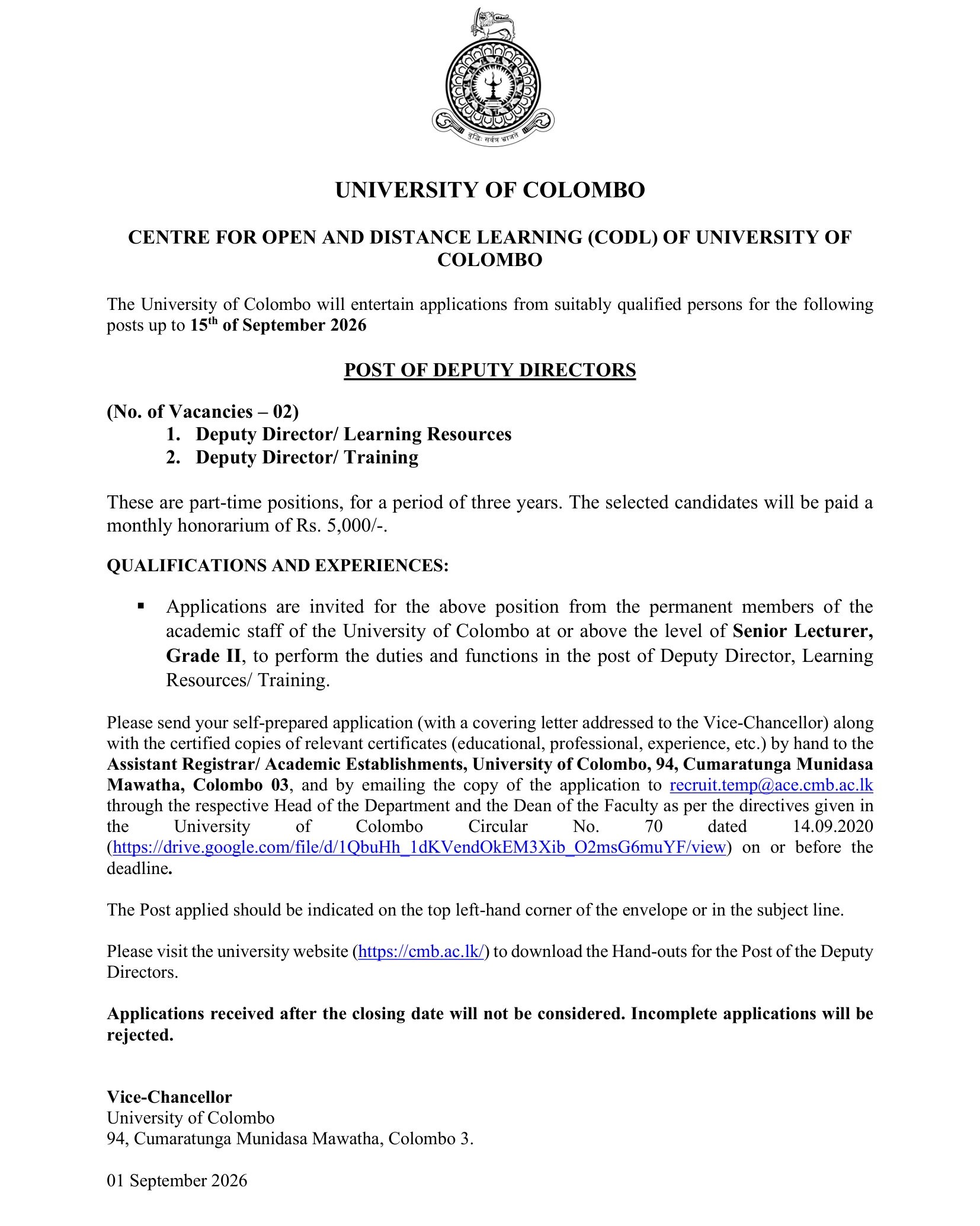 Deputy Director - University of Colombo