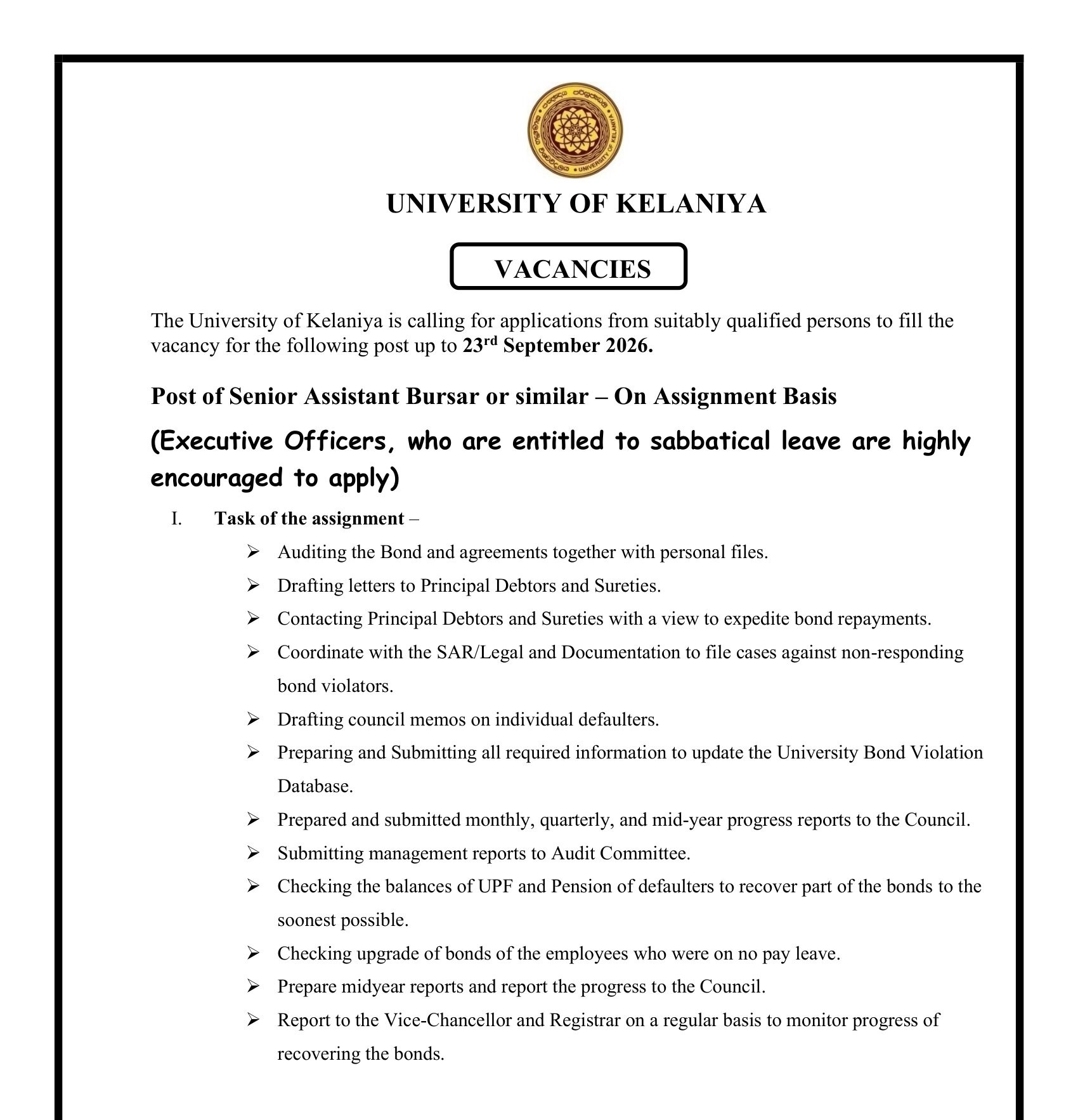 Senior Assistant Bursar - University of Kelaniya