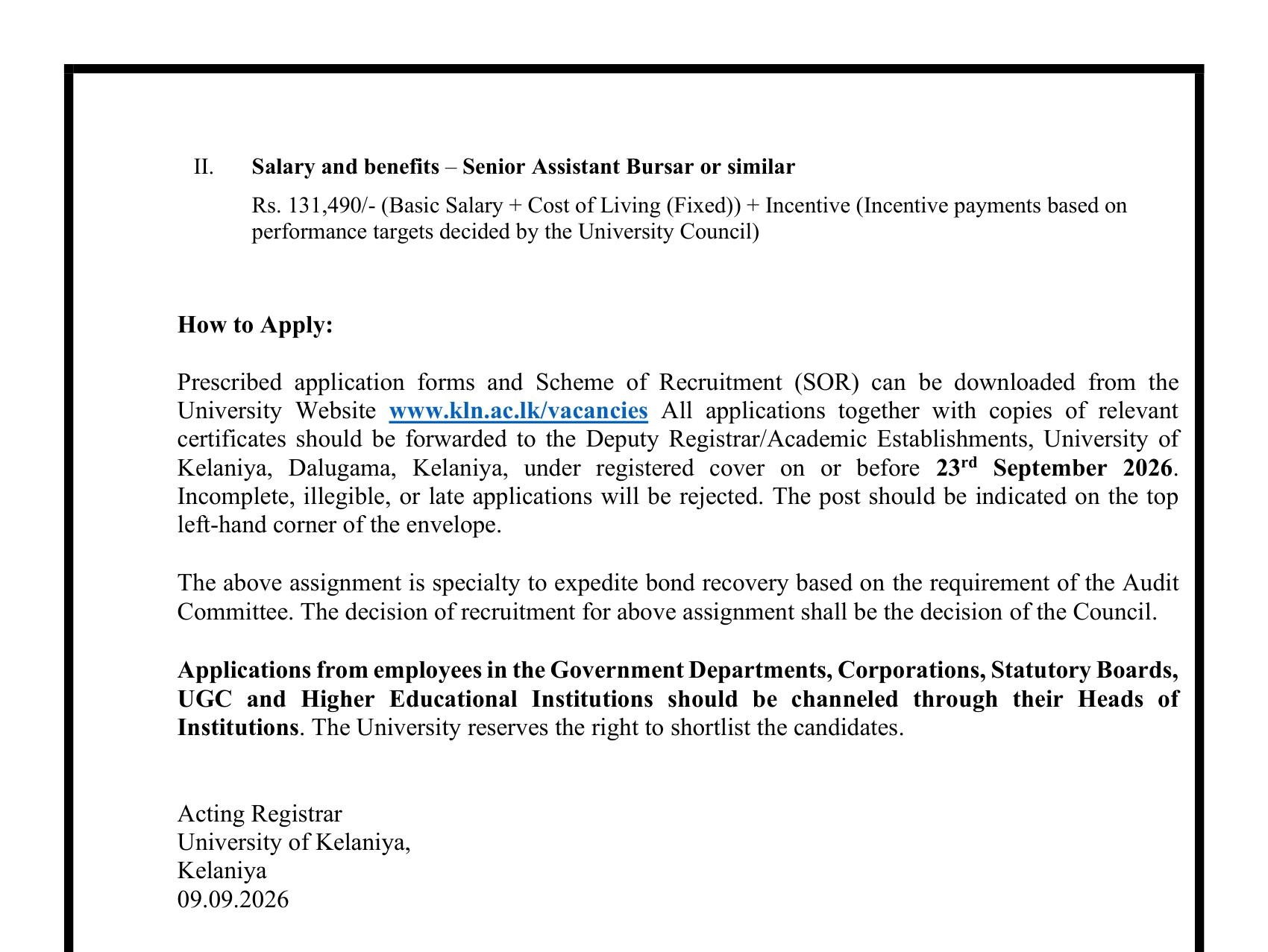Senior Assistant Bursar - University of Kelaniya