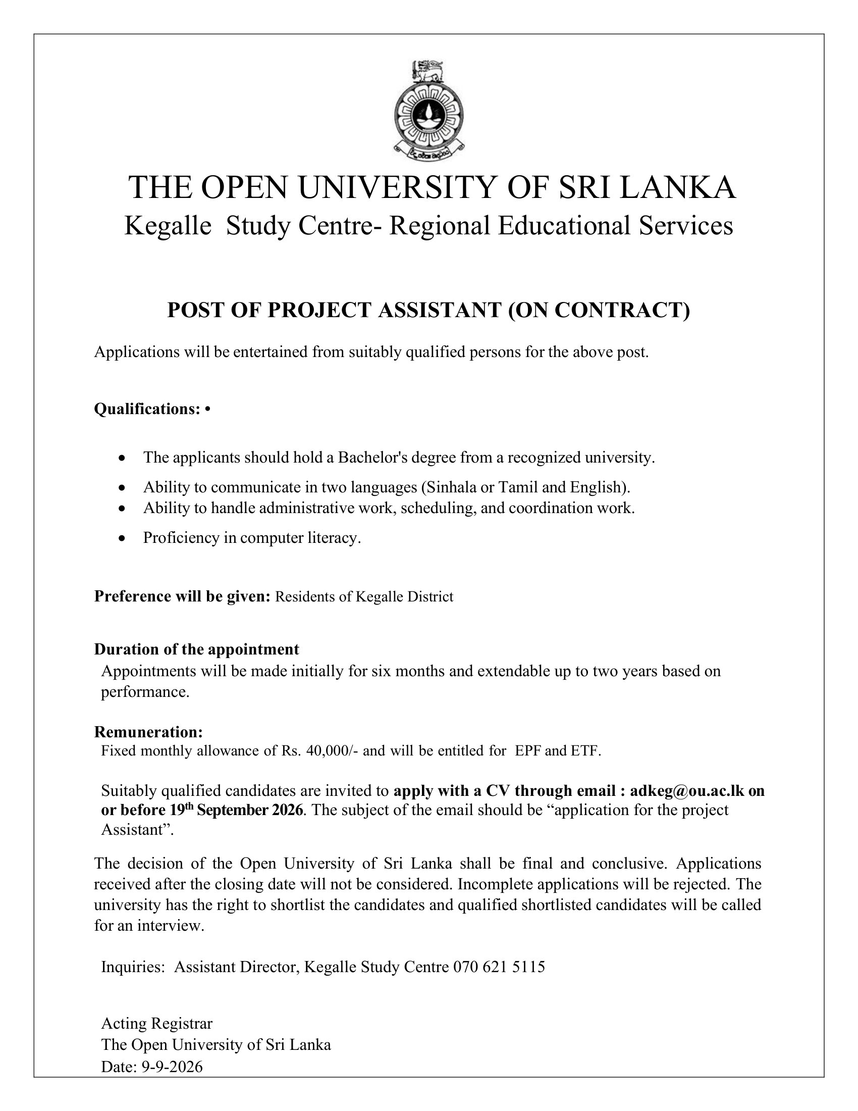 Project Assistant - The Open University of Sri Lanka