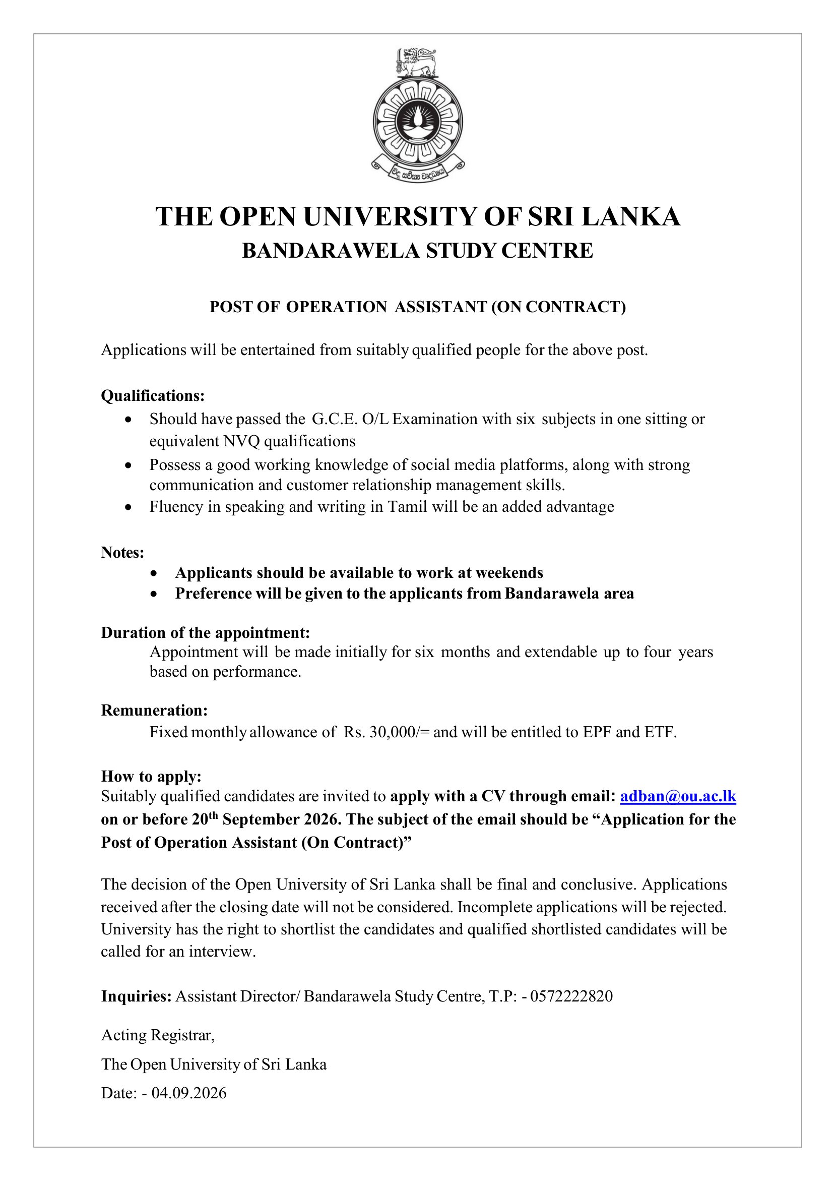 Operation Assistant - The Open University of Sri Lanka