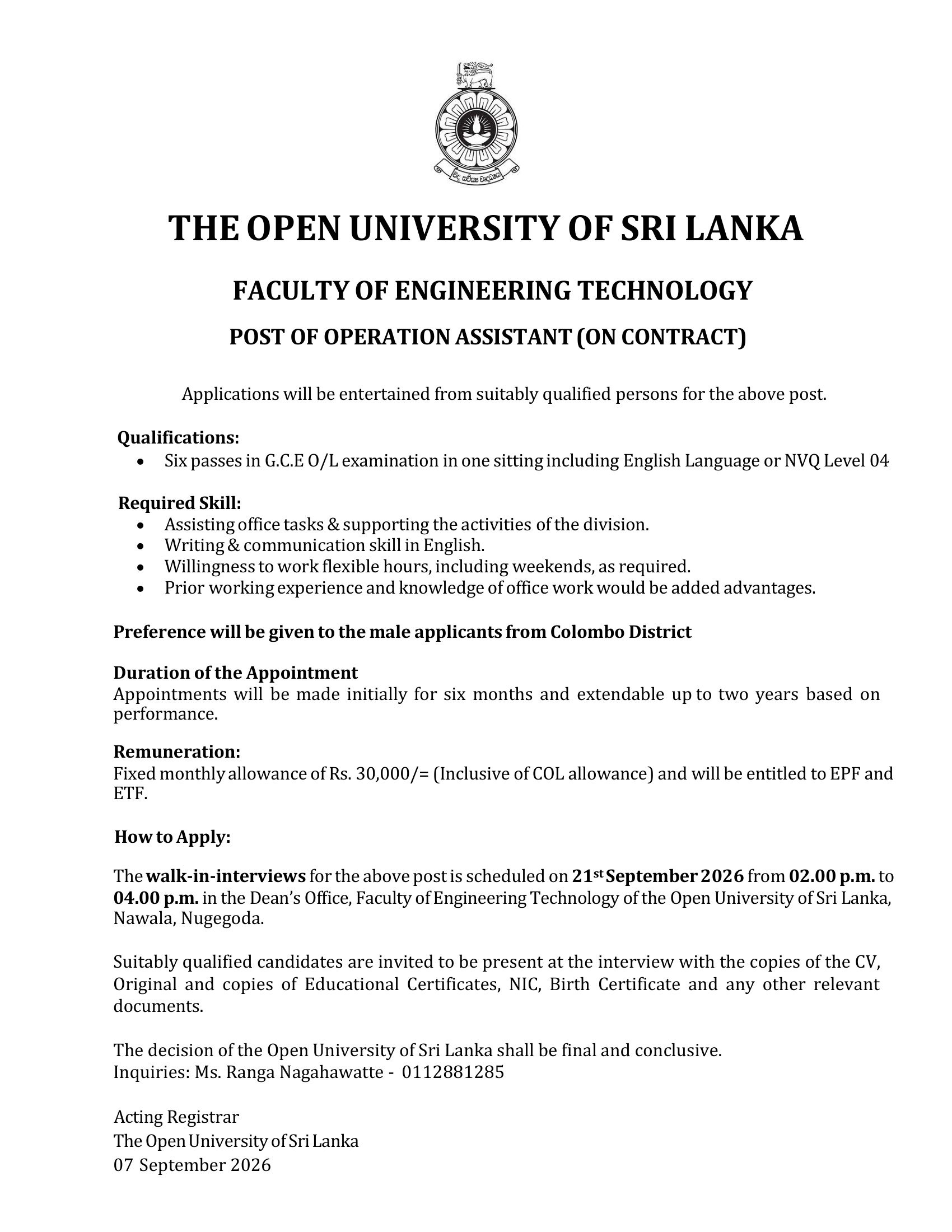 Operation Assistant - The Open University of Sri Lanka