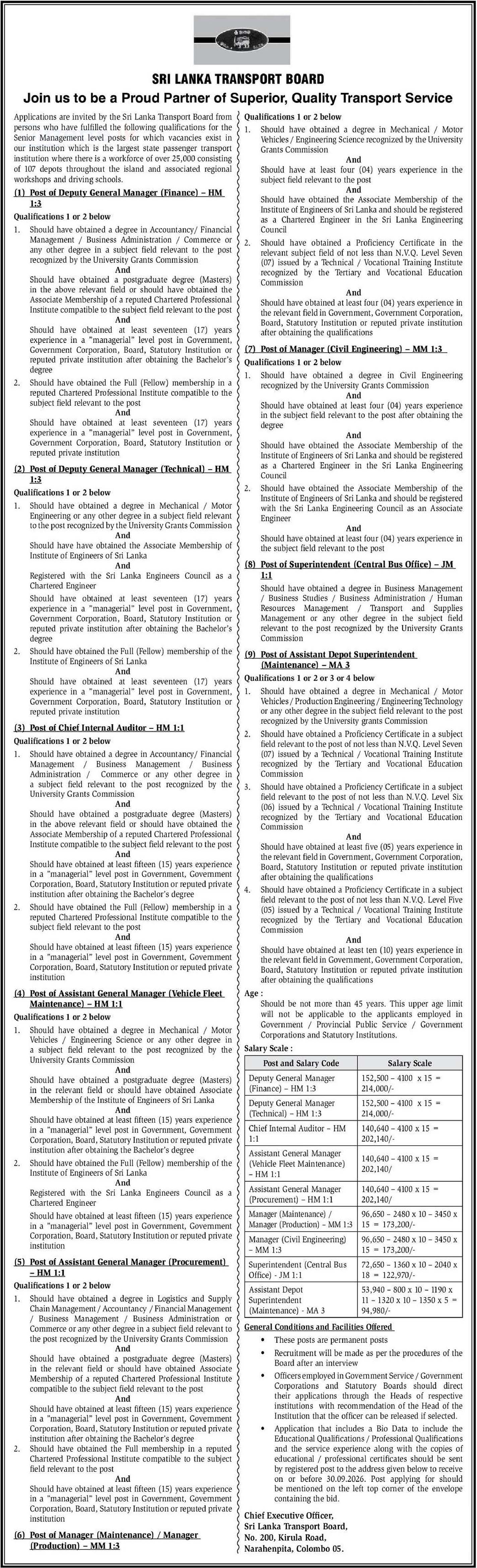 Deputy General Manager, Chief Internal Auditor, Assistant General Manager, Manager, Superintendent, Assistant Depot Superintendent - Sri Lanka Transport Board