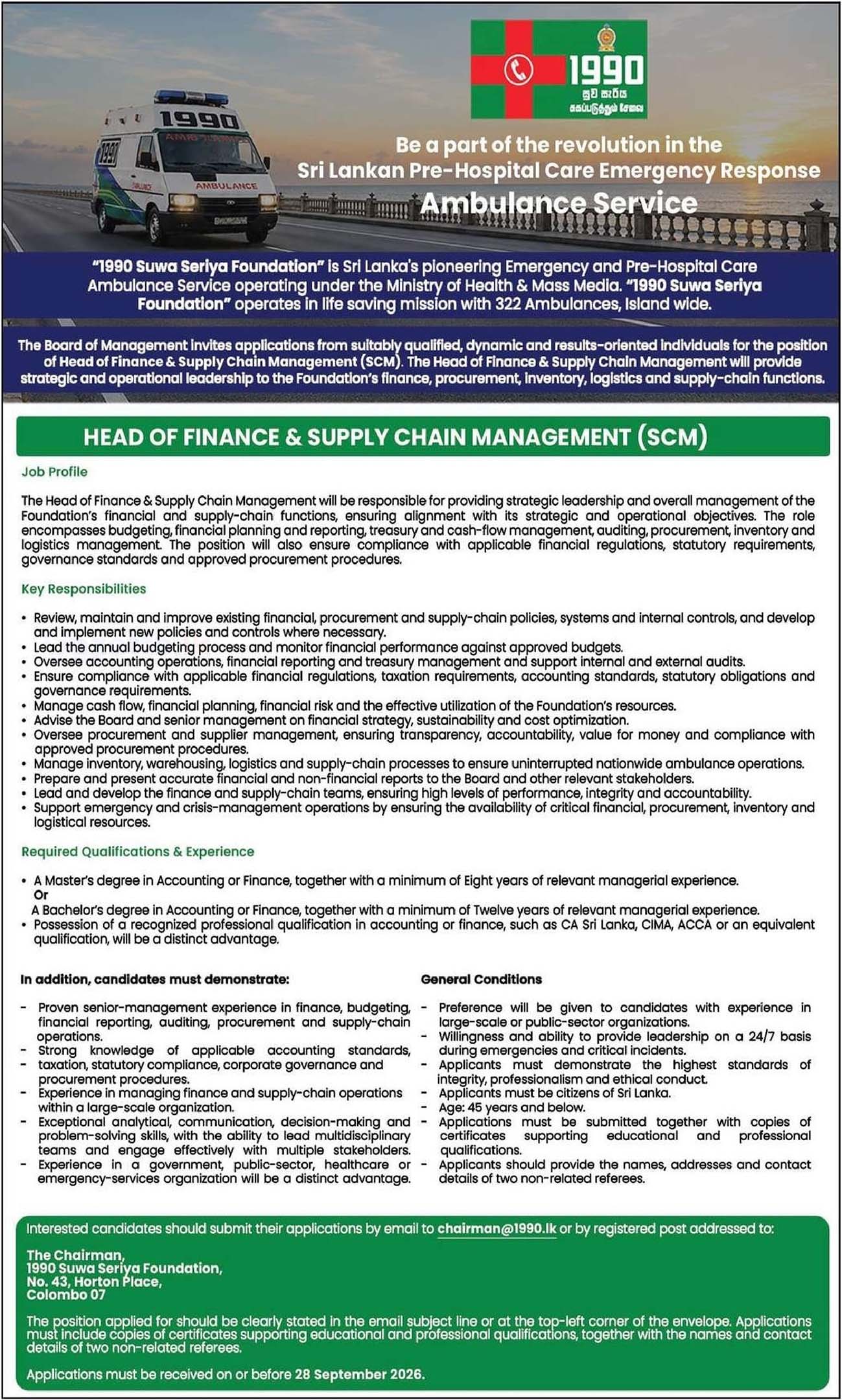 Head of Finance & Supply Chain Management (SCM) - 1990 Suwa Seriya Foundation