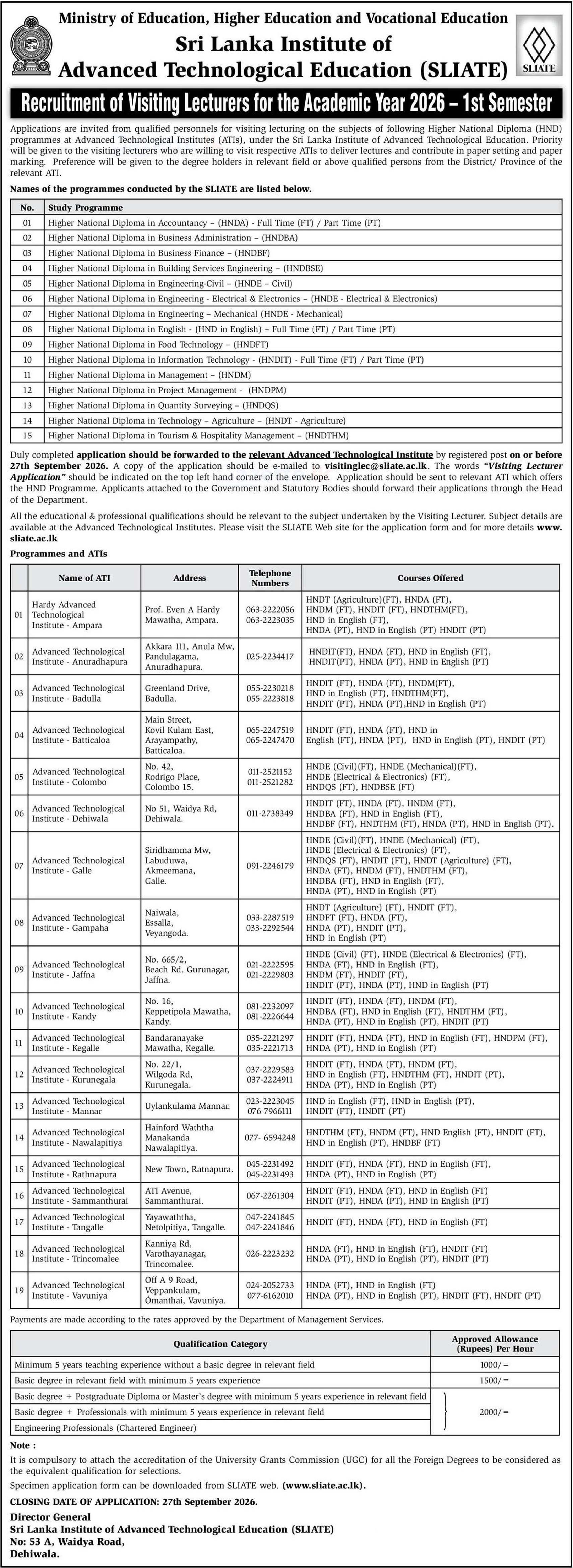 Visiting Lecturer - Sri Lanka Institute of Advanced Technology Education (SLITE)