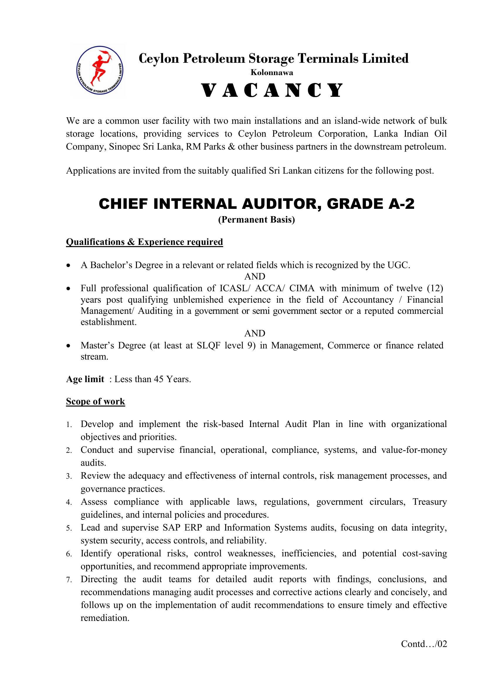 Chief Internal Auditor - Ceylon Petroleum Storage Terminals Limited 