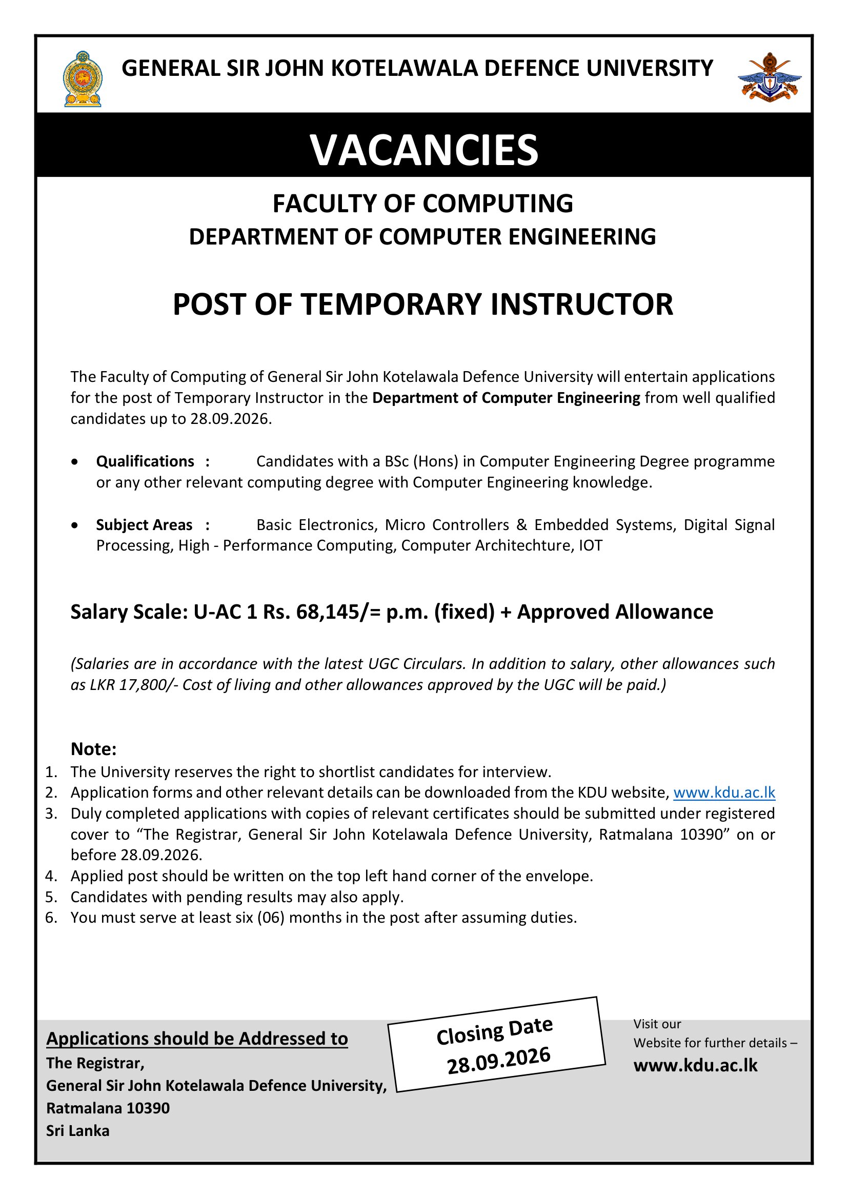 Temporary Instructor - General Sir John Kotelawala Defence University