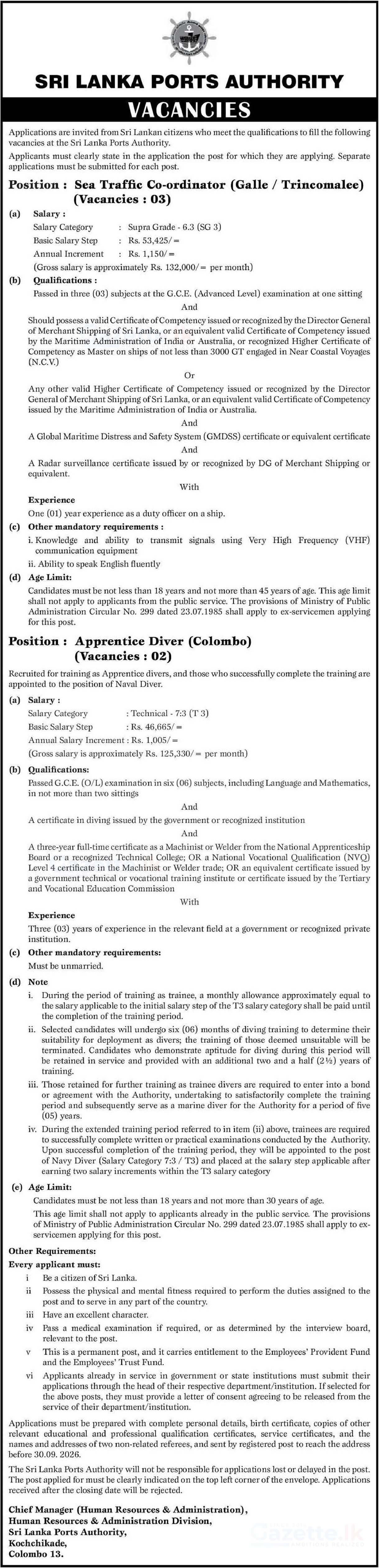 Sea Traffic Coordinator, Apprentice Diver - Sri Lanka Ports Authority