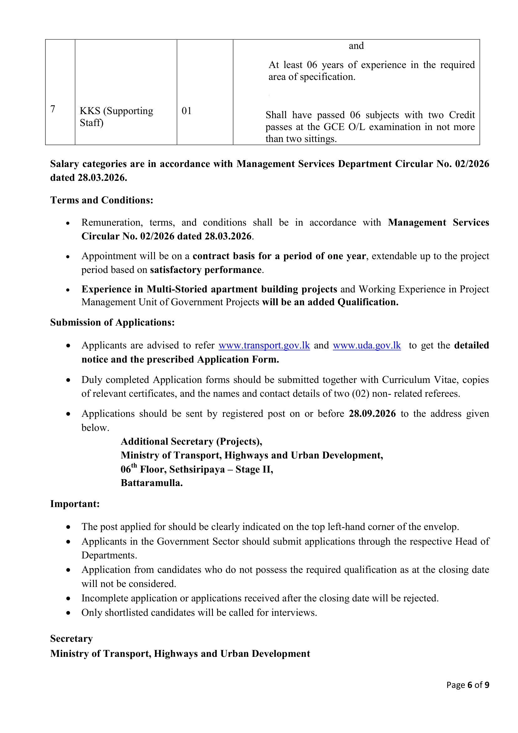 Deputy Project Director, Senior Sociologist, Electrical Engineer, Project Accountant, Draughtsman, Technical Officer, KKS (Supporting Staff) - Ministry of Transport, Highways & Urban Development