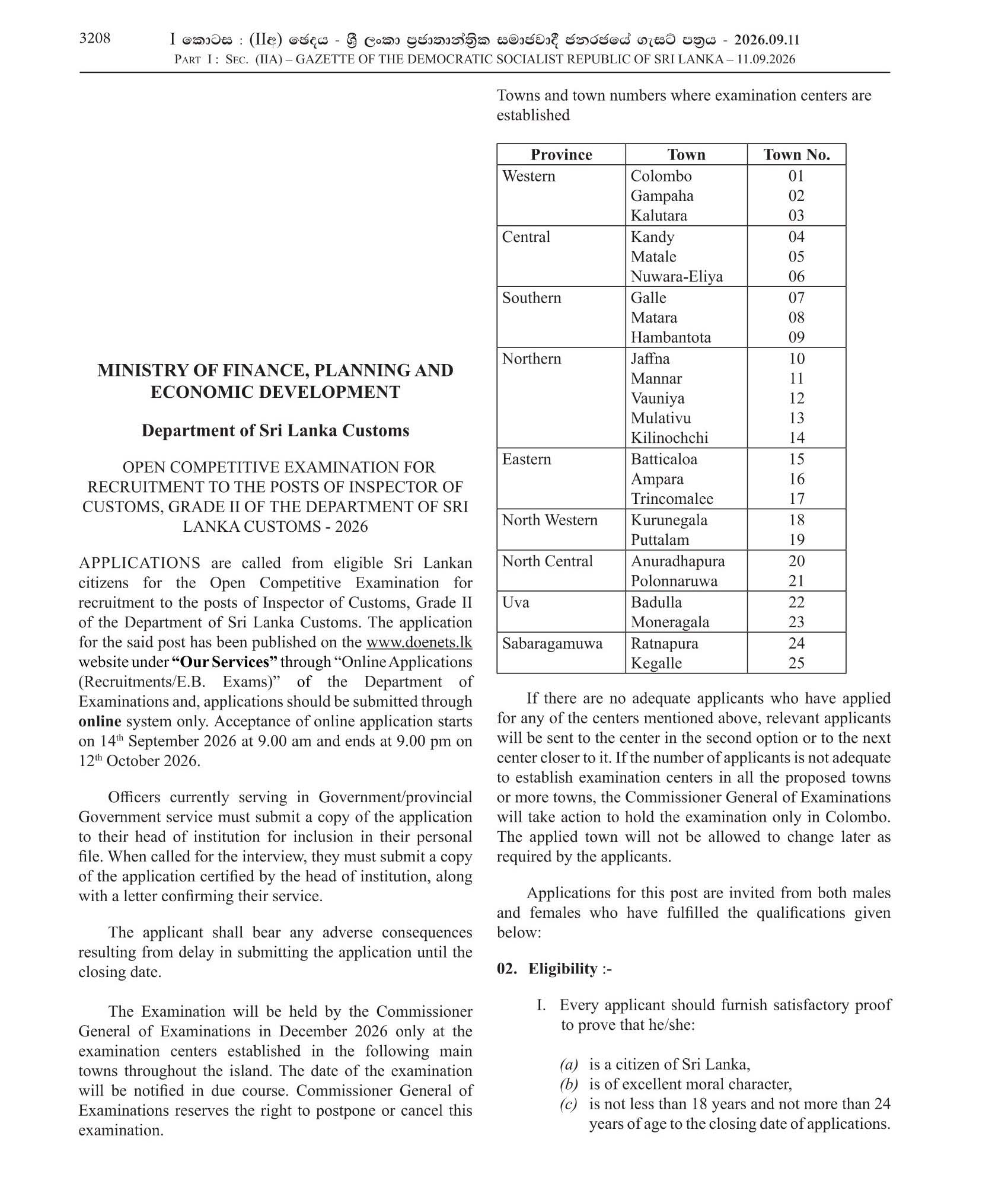 Inspector of Customs (Open) - Department of Sri Lanka Customs