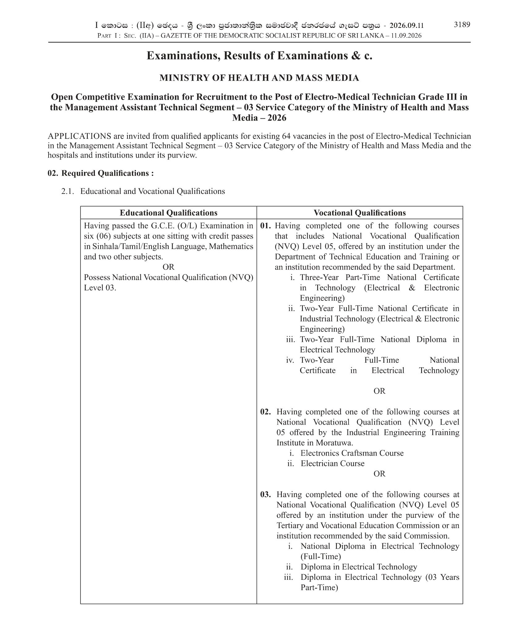 Electro Medical Technician (Open) - Ministry of Health & Mass Media