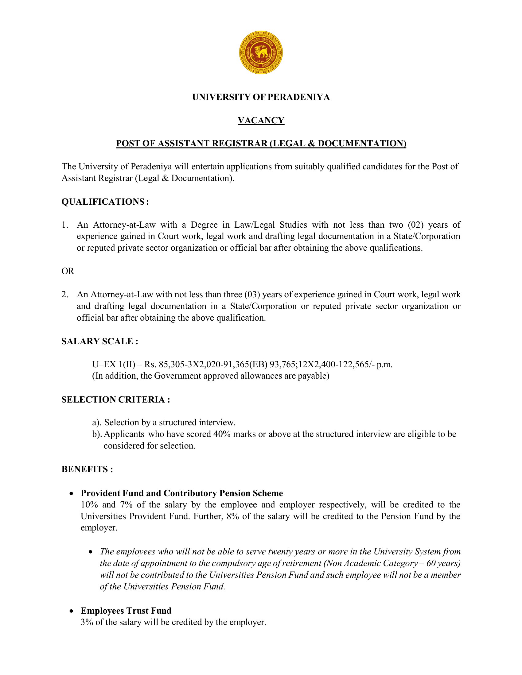 Assistant Registrar (Legal & Documentation) - University of Peradeniya