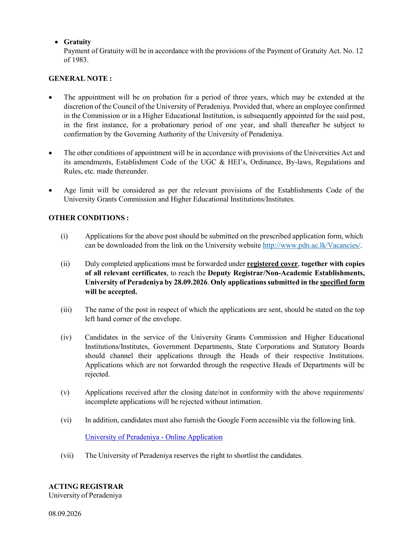 Assistant Registrar (Legal & Documentation) - University of Peradeniya