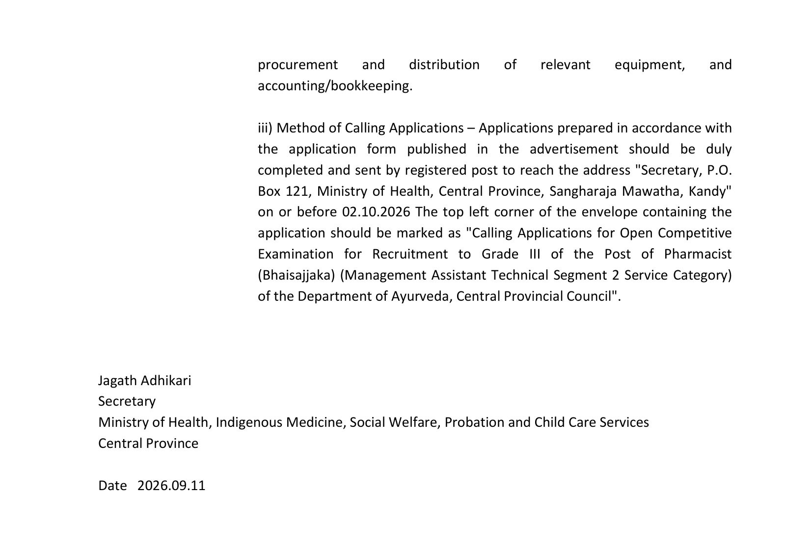 Pharmacist - Central Provincial Department of Ayurveda