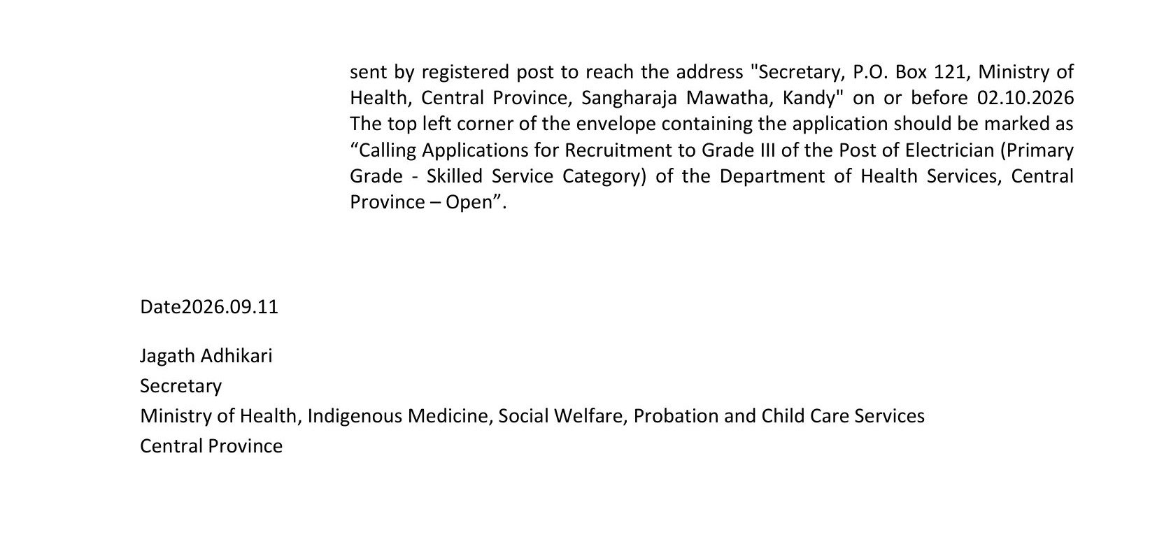 Electrician (Open) - Department of Health Services - Central Province