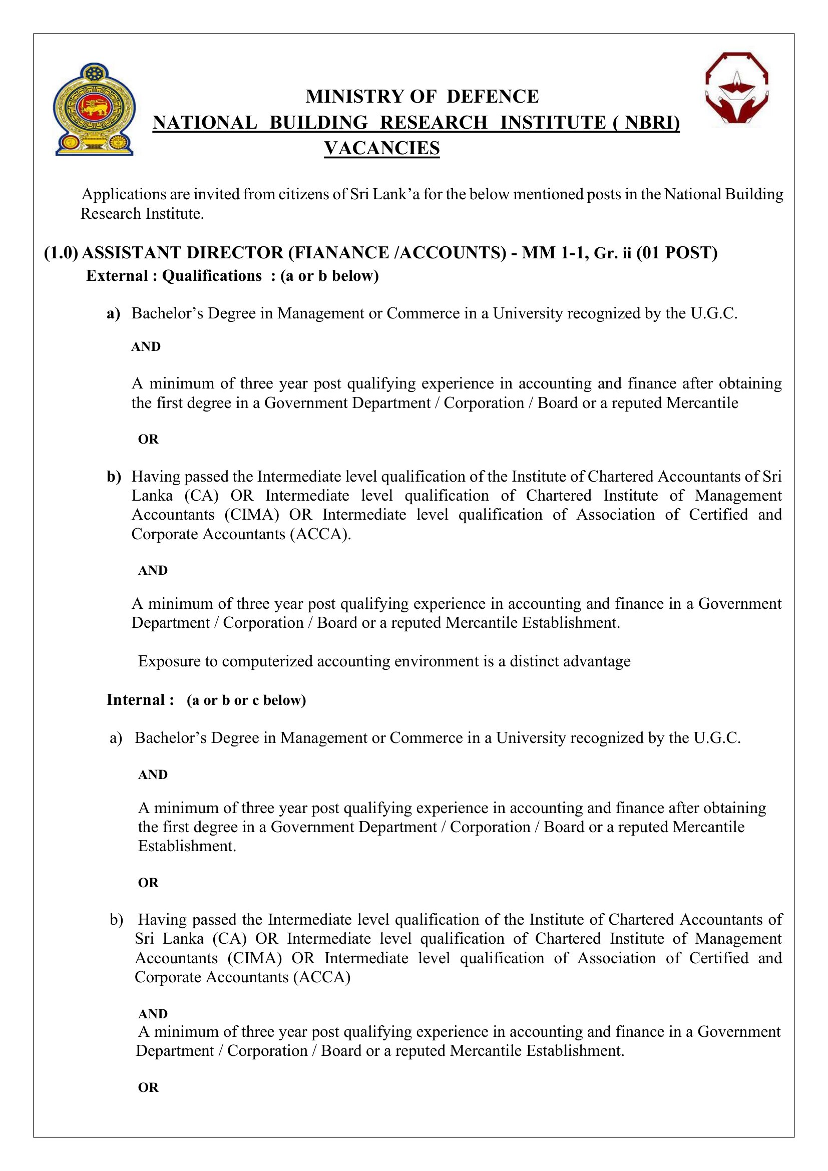Assistant Director (Finance/Accounts), Accounts Officer, Administrative Officer, Drilling Officer/Technical Officer, Book Keeper, Electrician - National Building Research Institute