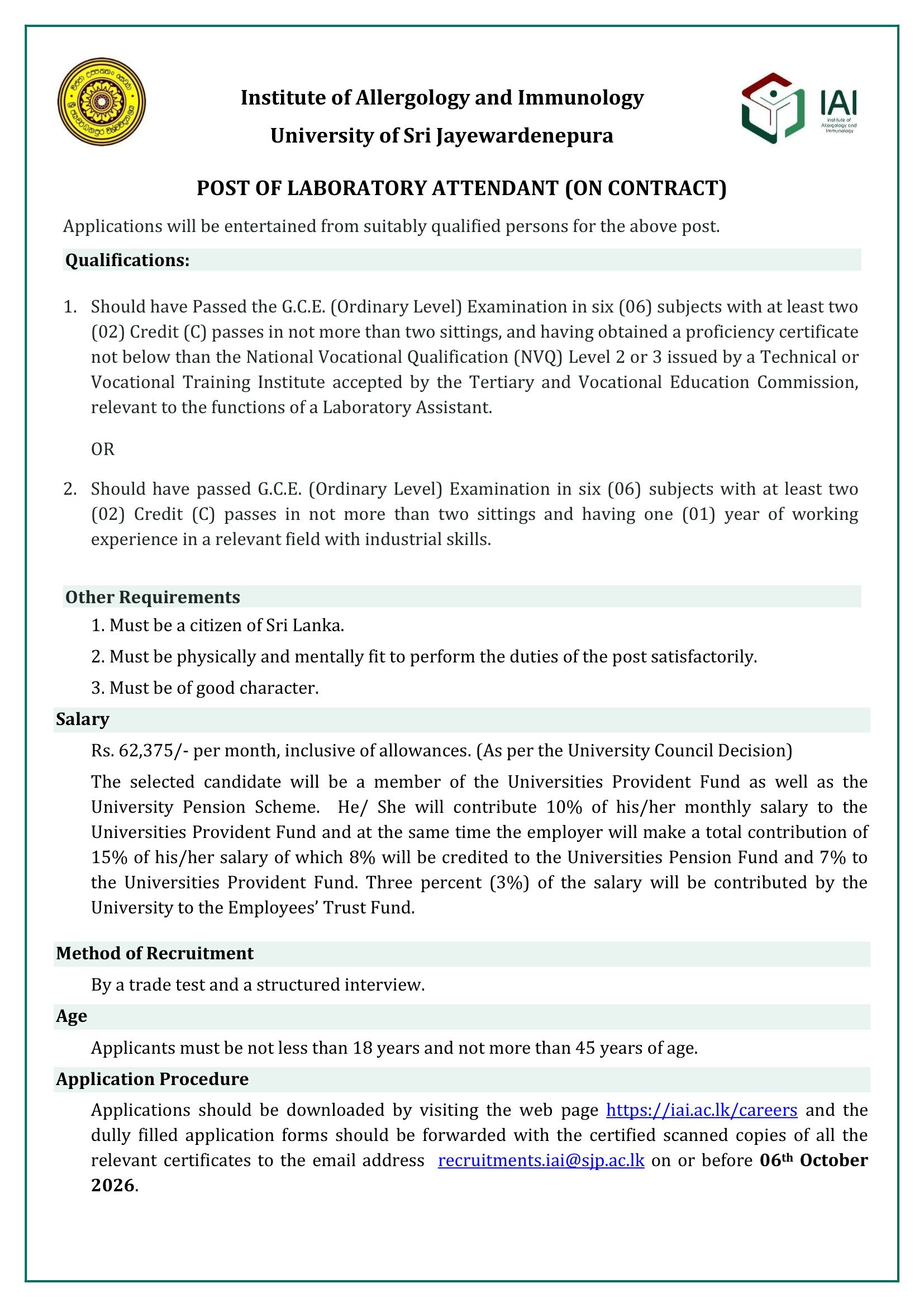 Laboratory Attendant - Institute of Allergology & Immunology - University of Sri Jayewardenepura  