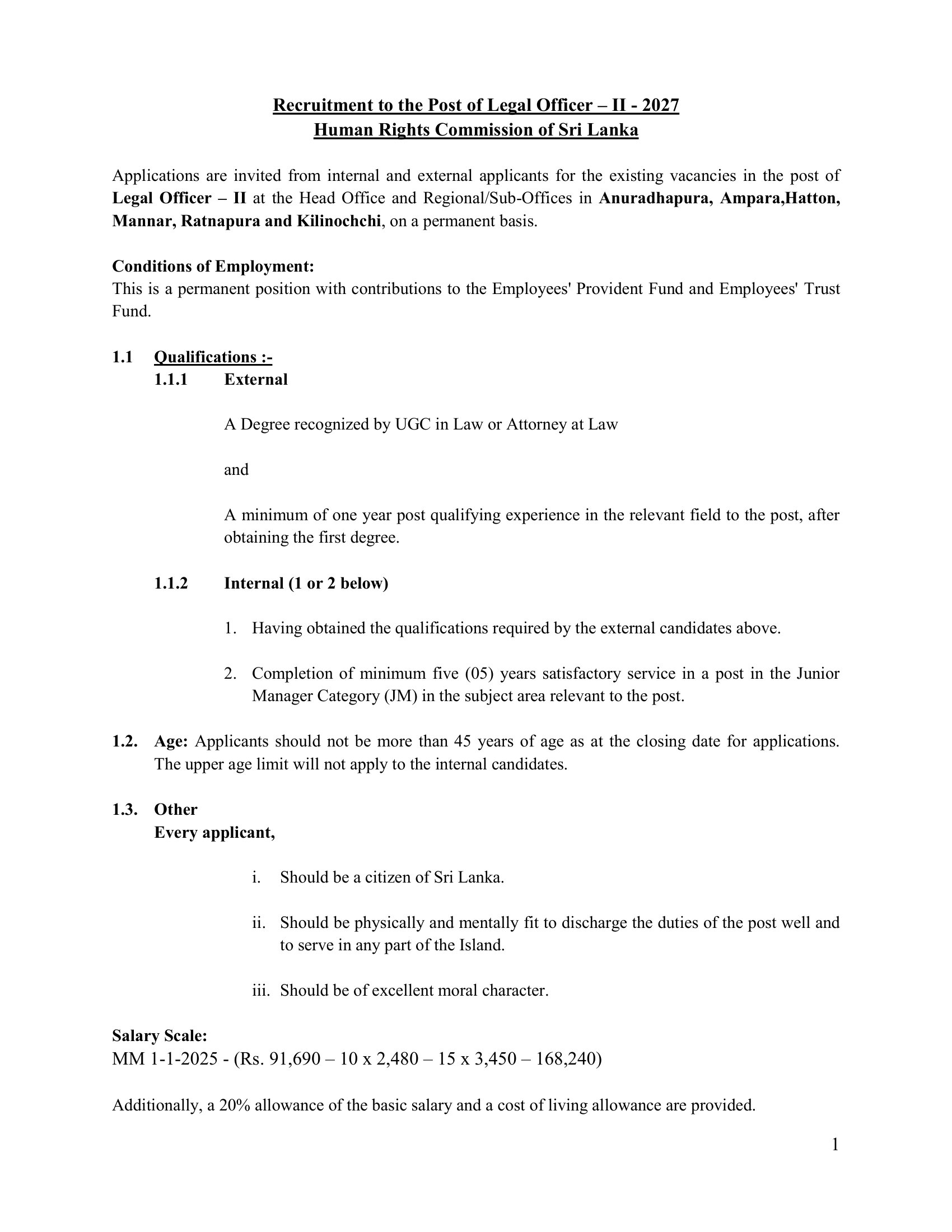 Legal Officer - Human Rights Commission of Sri Lanka