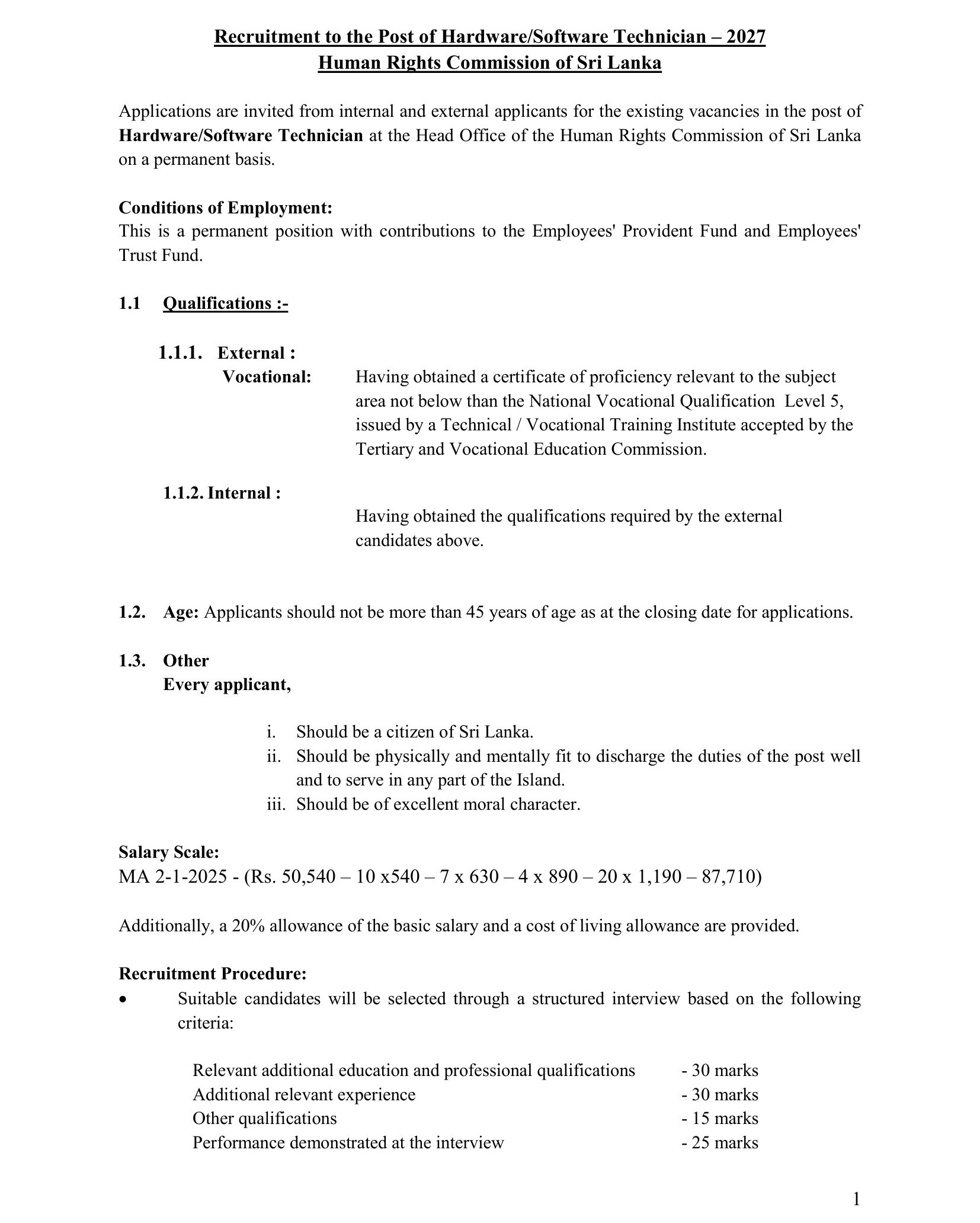 Hardware/Software Technician - Human Rights Commission of Sri Lanka