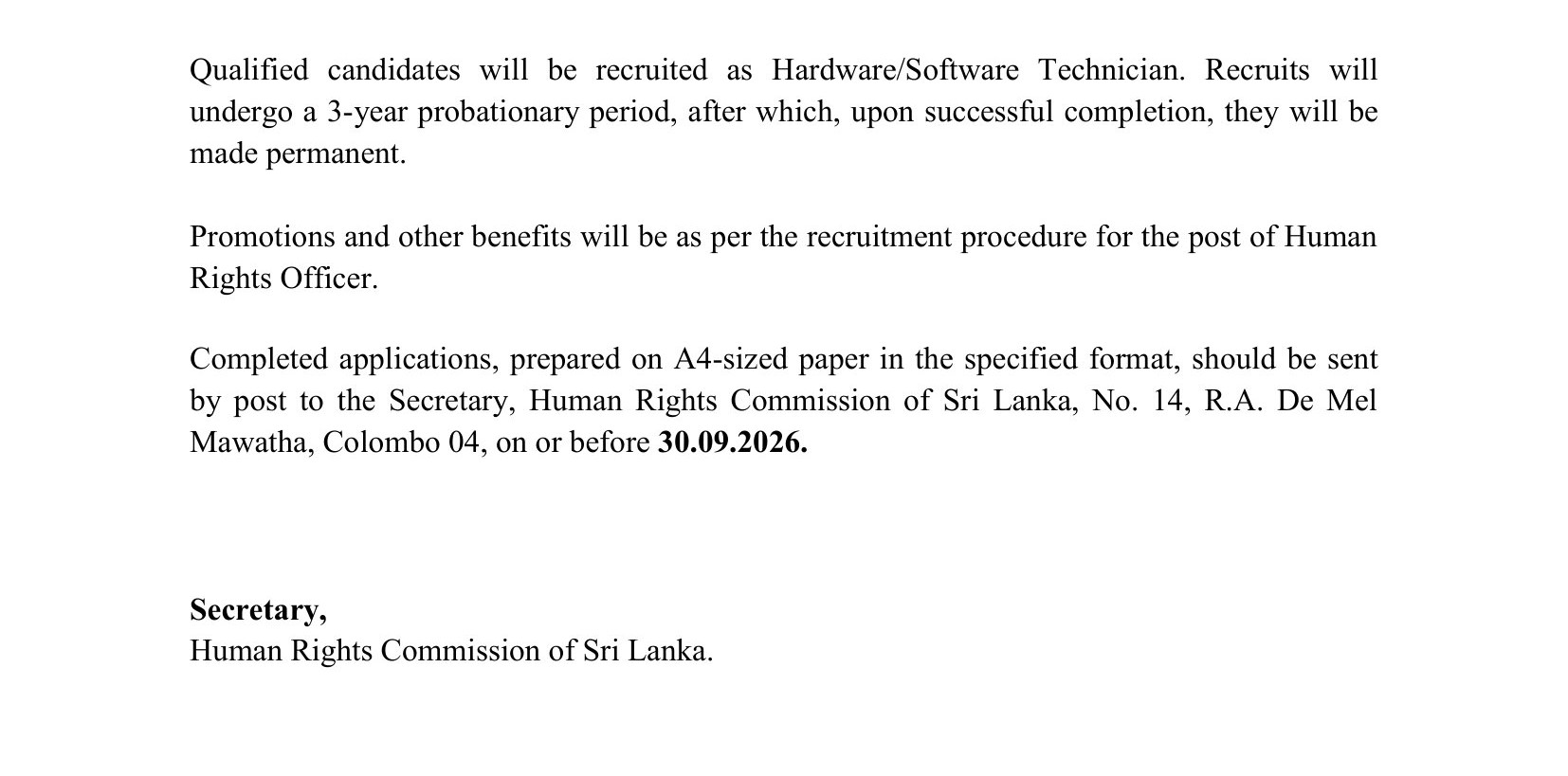 Hardware/Software Technician - Human Rights Commission of Sri Lanka