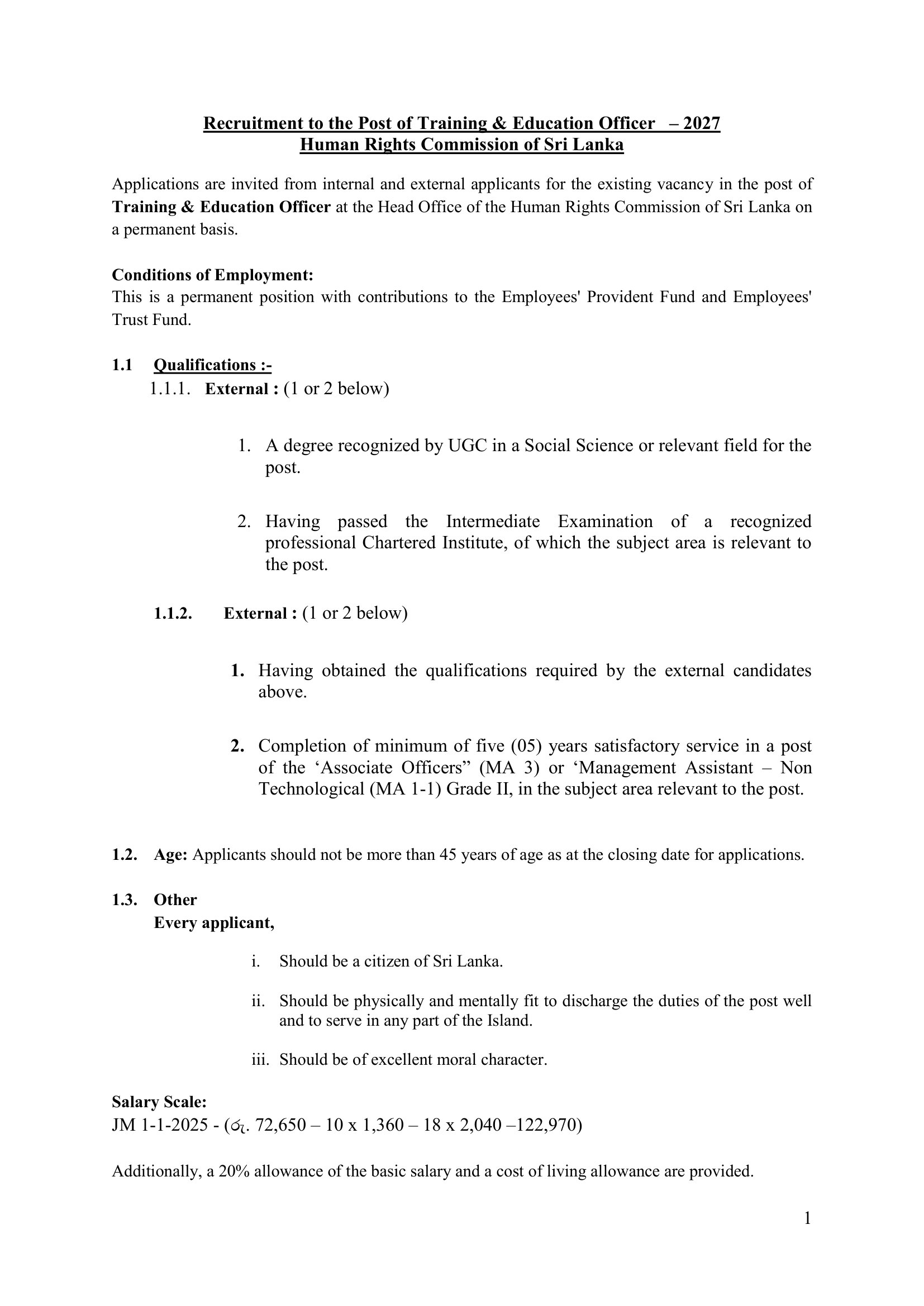 Training & Education Officer - Human Rights Commission of Sri Lanka