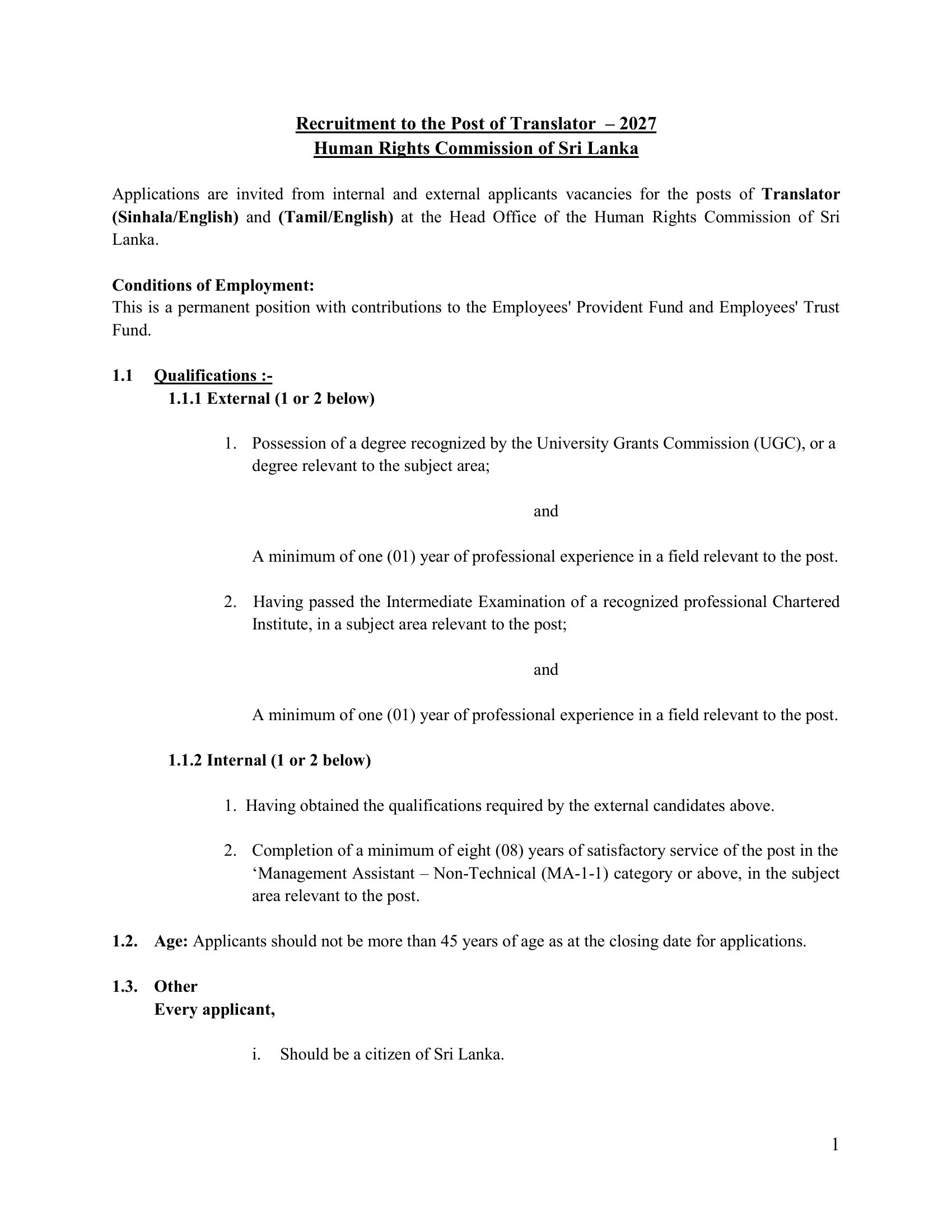Translator - Human Rights Commission of Sri Lanka