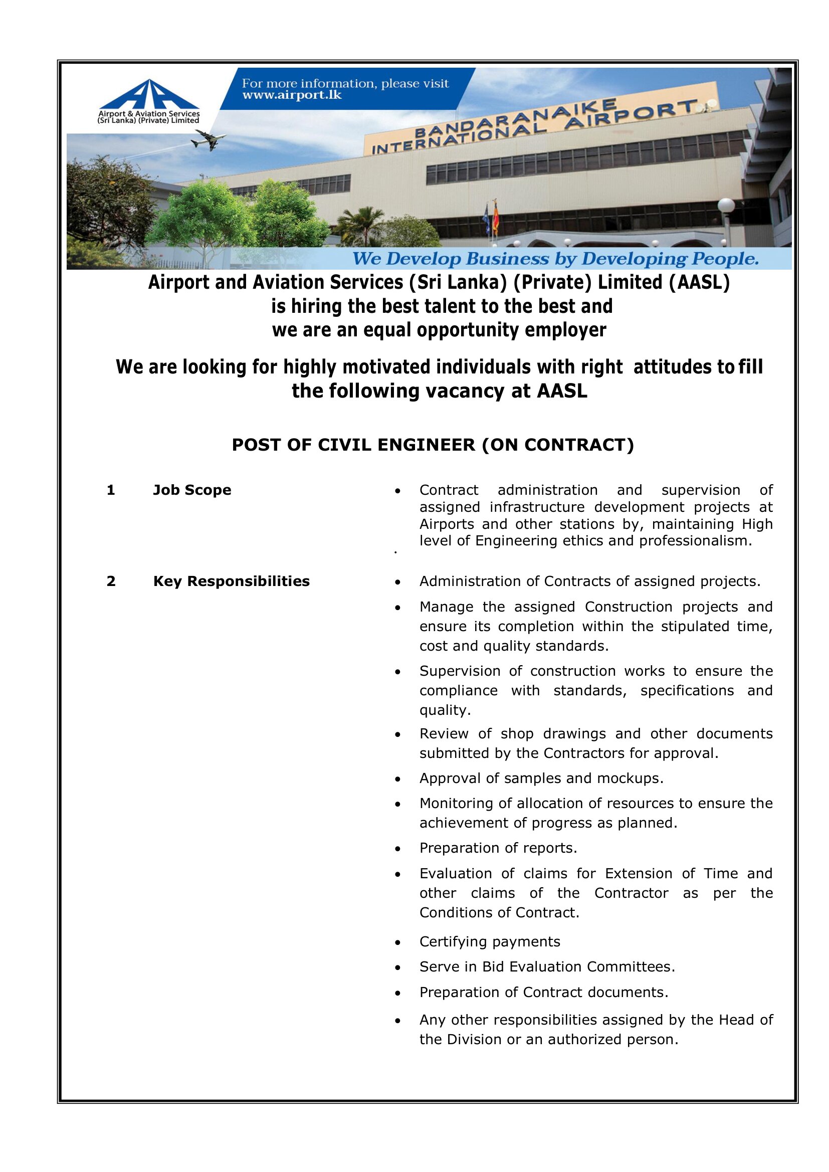 Civil Engineer, Electrical Engineer - Airport & Aviation Services (Sri Lanka) (Private) Limited