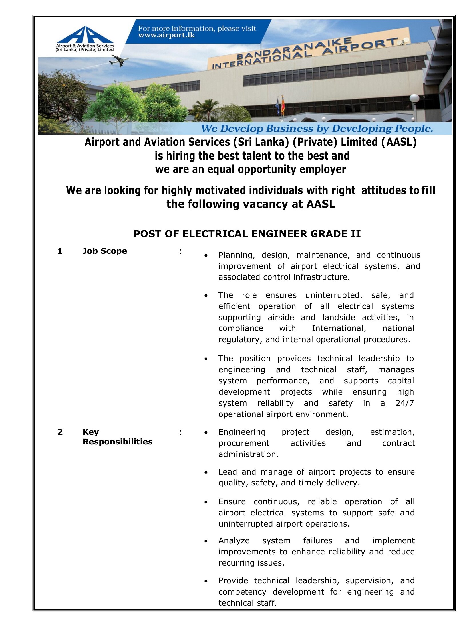 Civil Engineer, Electrical Engineer - Airport & Aviation Services (Sri Lanka) (Private) Limited