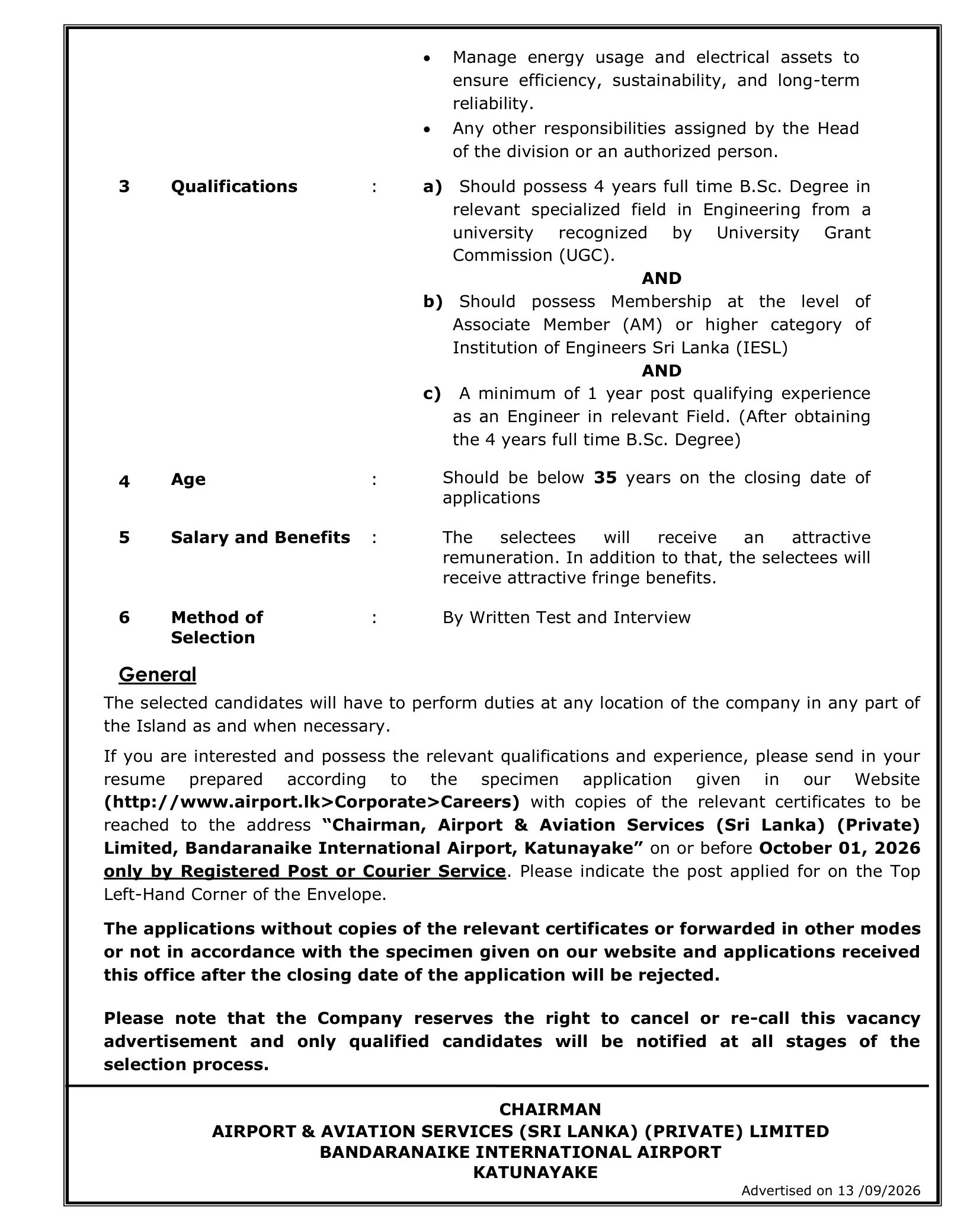 Civil Engineer, Electrical Engineer - Airport & Aviation Services (Sri Lanka) (Private) Limited