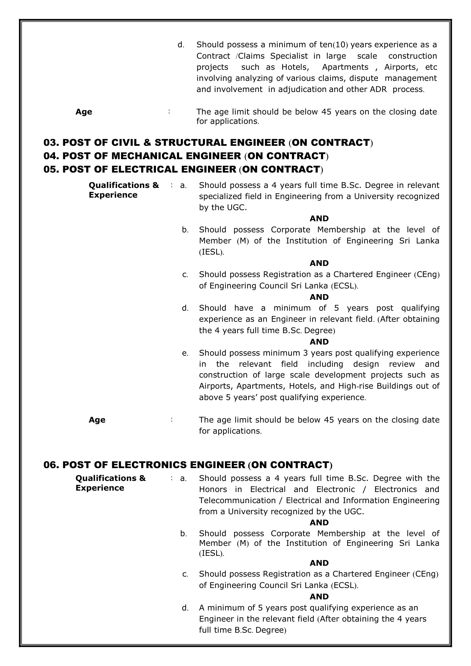 Superintendent (Ground Operations), Team Leader, Contract Specialist, Civil & Structural Engineer, Mechanical Engineer, Electrical Engineer, Electronics Engineer, Systems Engineer, Quantity Surveyor, Architect, Accountant - Airport & Aviation Services (Sri Lanka) (Private) Limited
