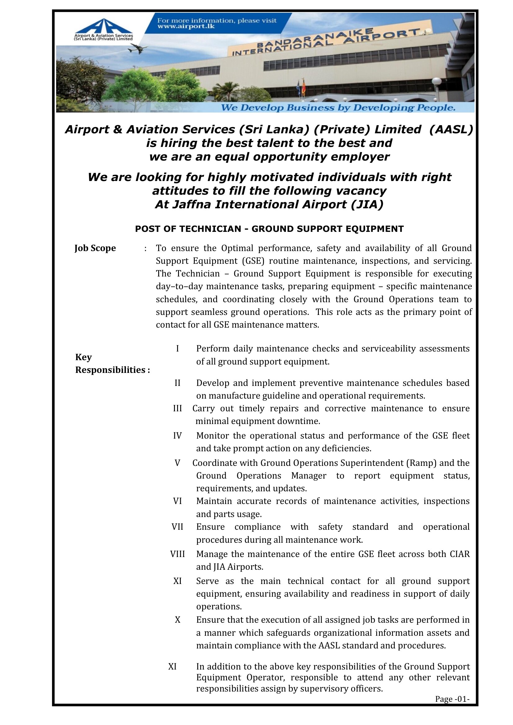 Technician (Ground Support Equipment), Ground Support Equipment Operator - Airport & Aviation Services (Sri Lanka) (Private) Limited