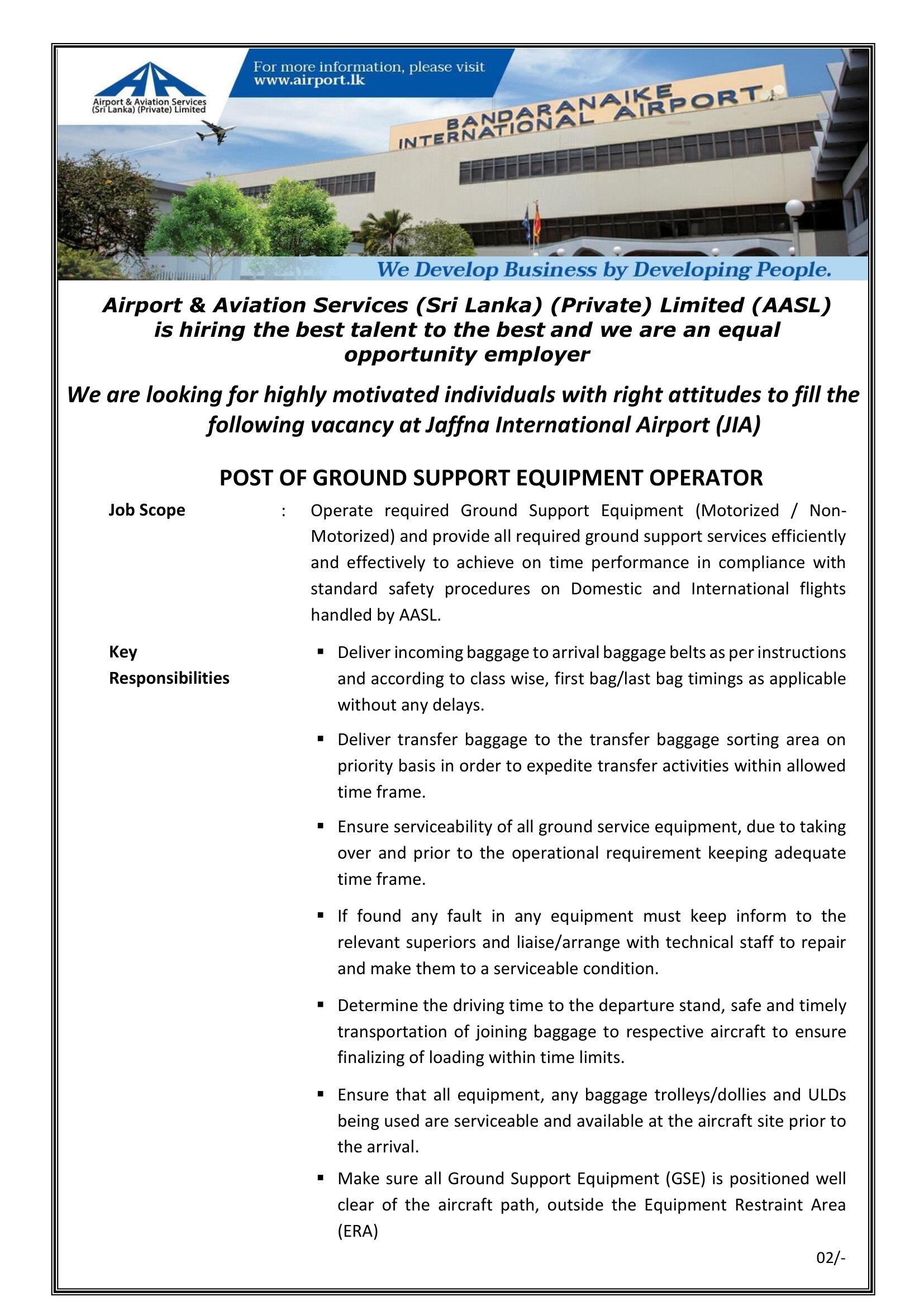 Technician (Ground Support Equipment), Ground Support Equipment Operator - Airport & Aviation Services (Sri Lanka) (Private) Limited